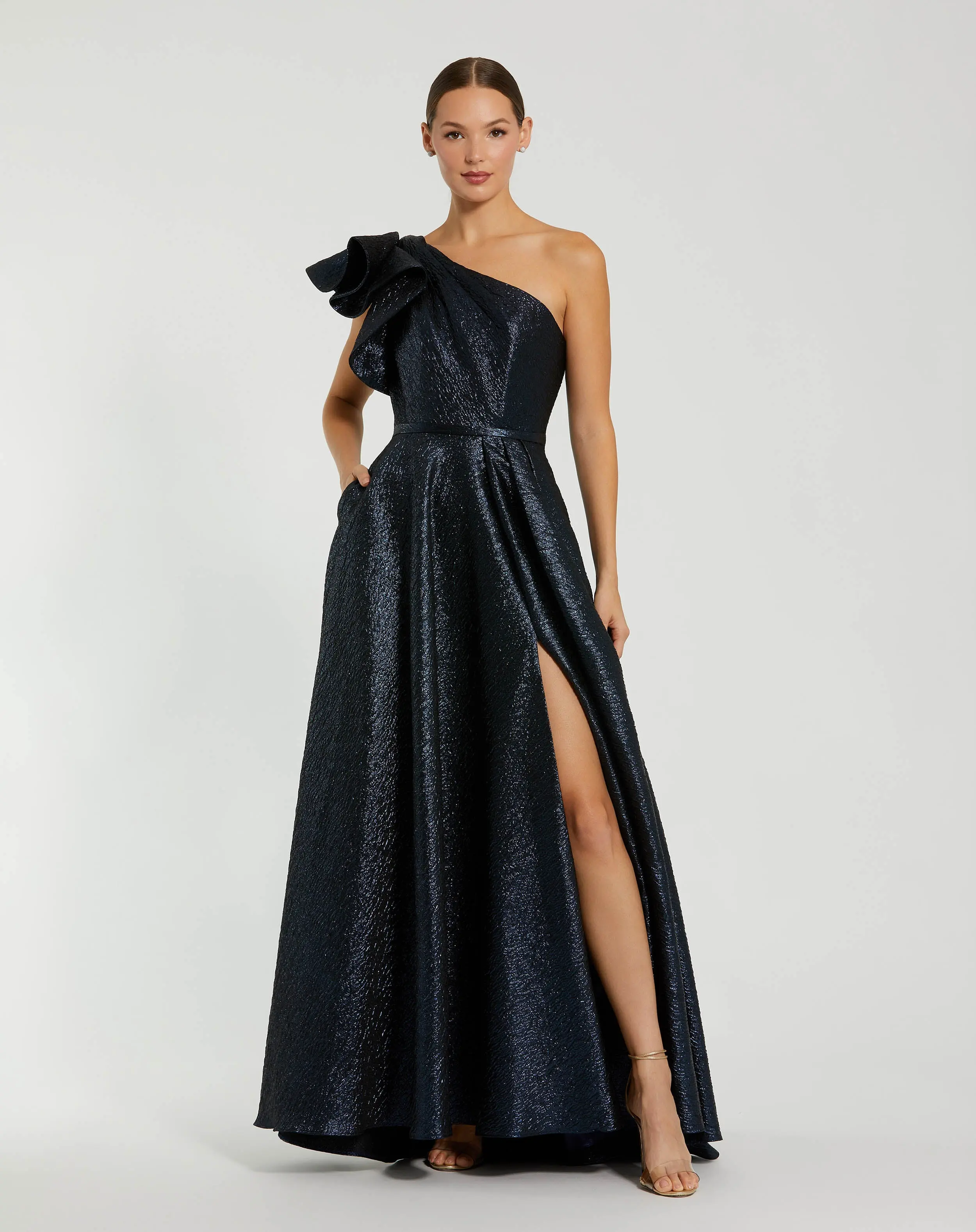 Navy One Shoulder Metallic Ballgown