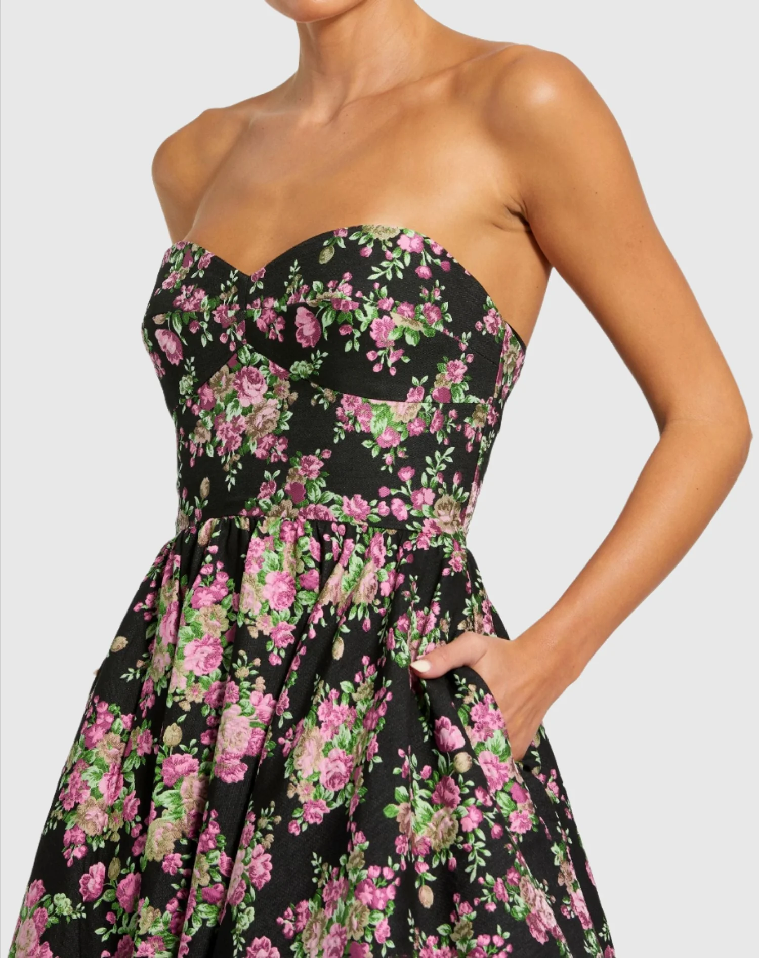 Black Strapless Sweetheart Brocade Floral A Line Gown