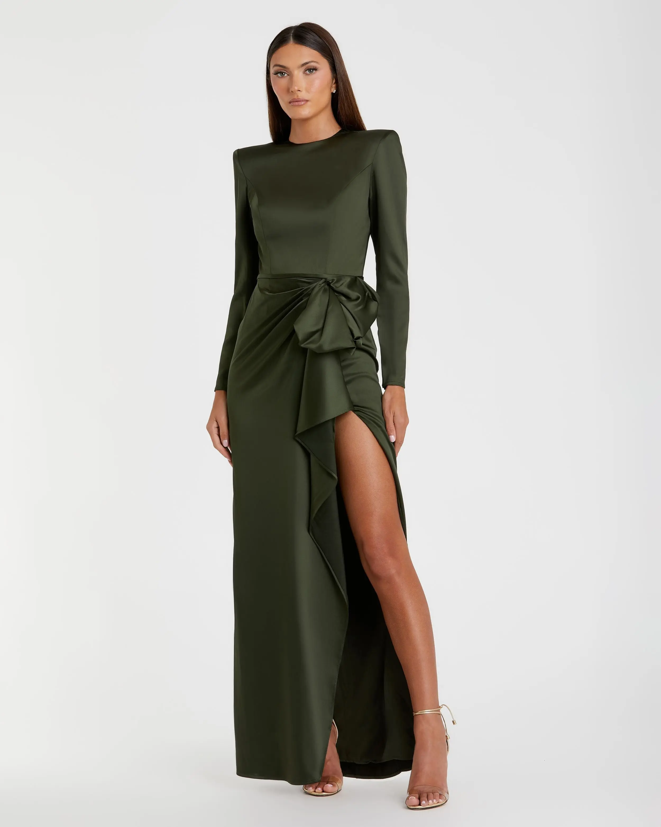 Green Long Sleeve Satin Structured Bow Draped Column Gown