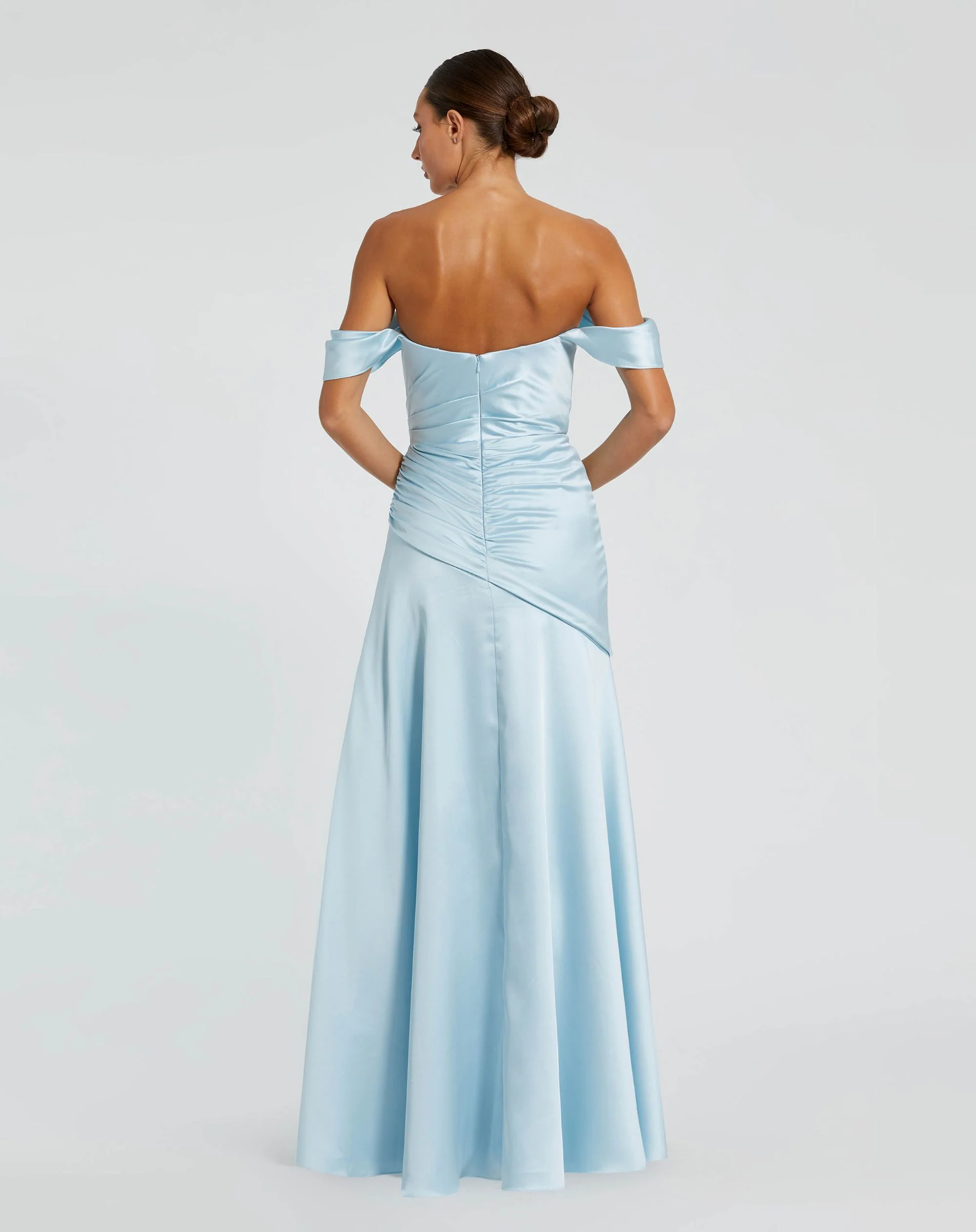 Blue Satin Off The Shoulder Crossover Gown