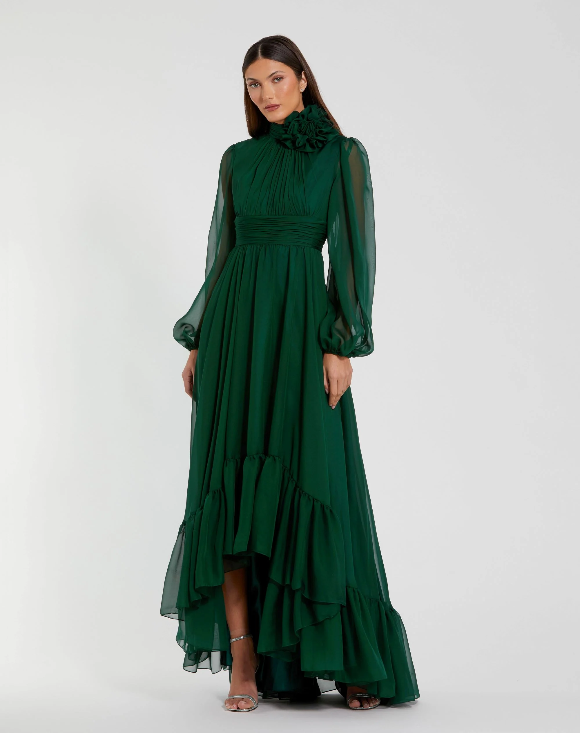 Green High Low Long Sleeve Chiffon Gown With 3D Flower