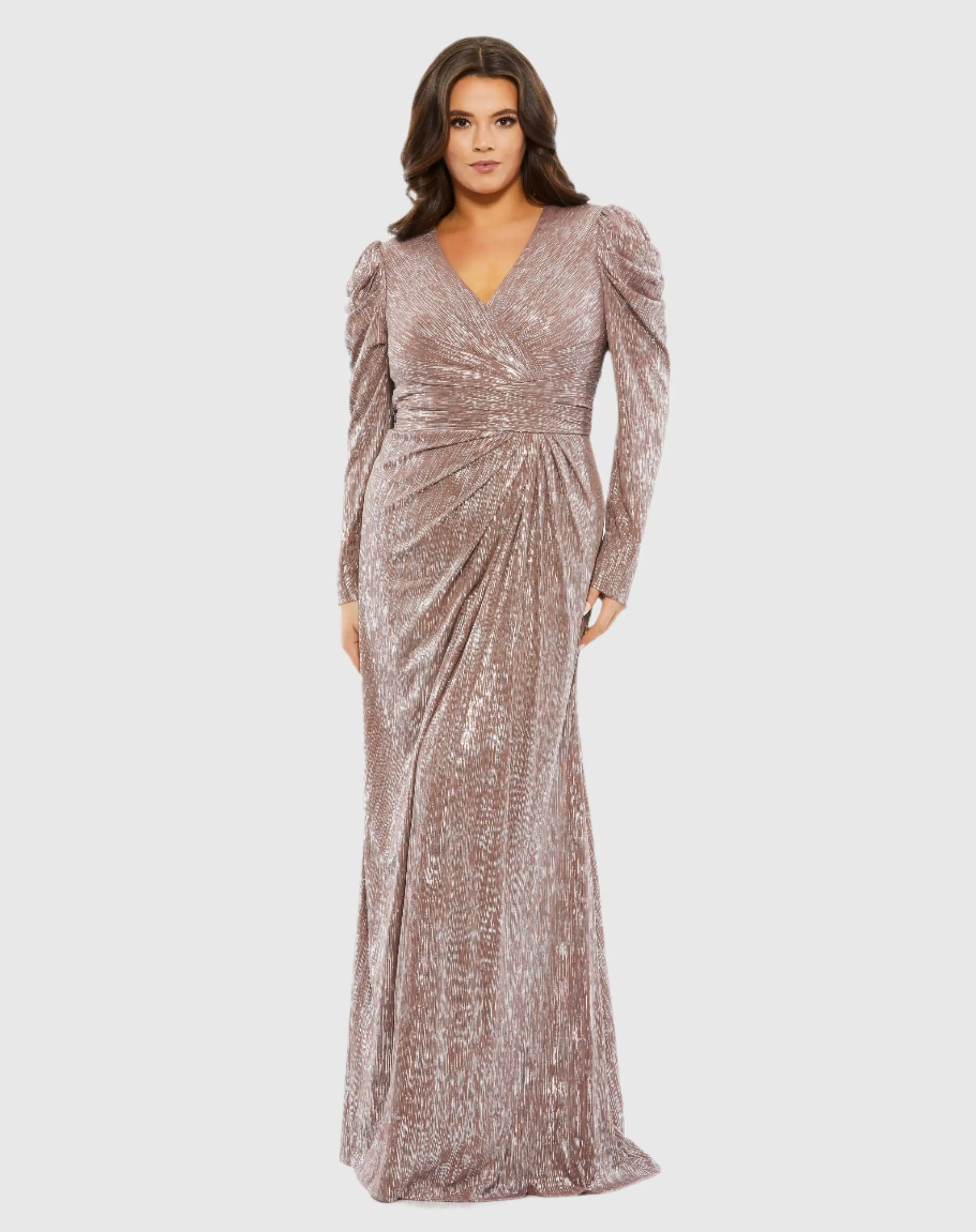 Brown Faux Wrap Draped Puff Sleeve Gown (Plus)