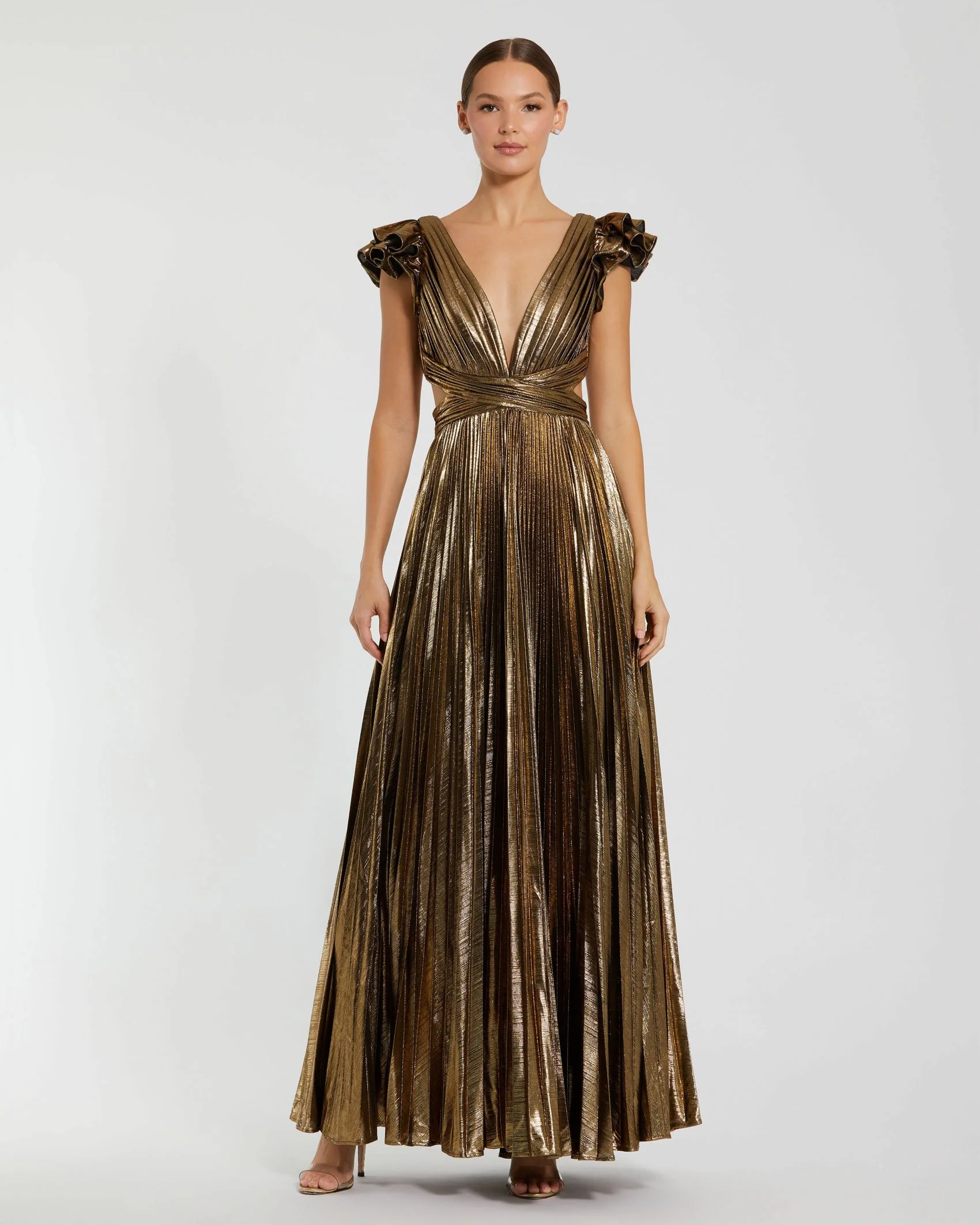 Gold Ruffle Sleeve Cutout Pleated Metallic Gown