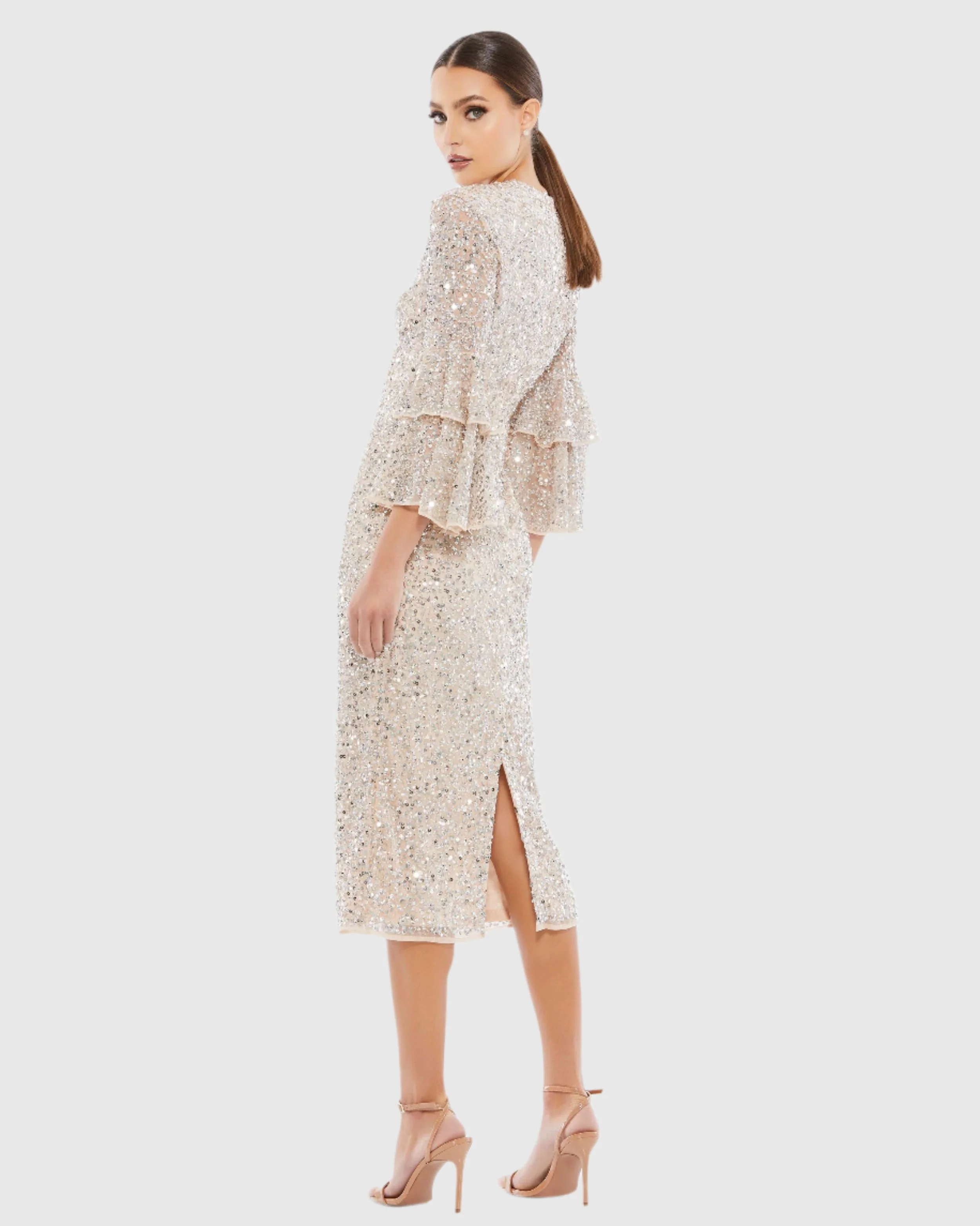 Beige and Silver Fully Sequined Ruffle Tiered 3/4 Sleeve Midi Dress