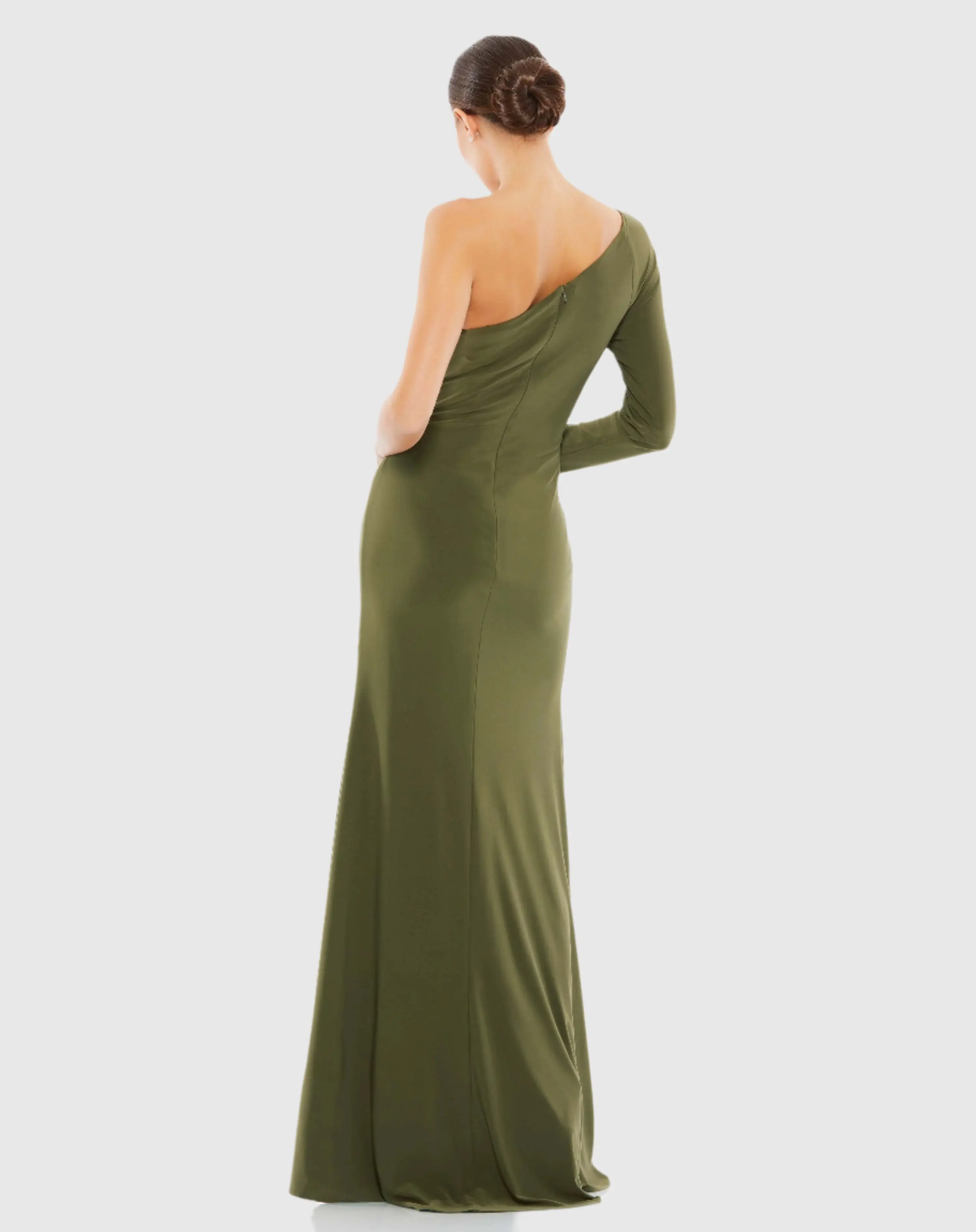 Green One Sleeve Beaded Cuff Side Twist Gown