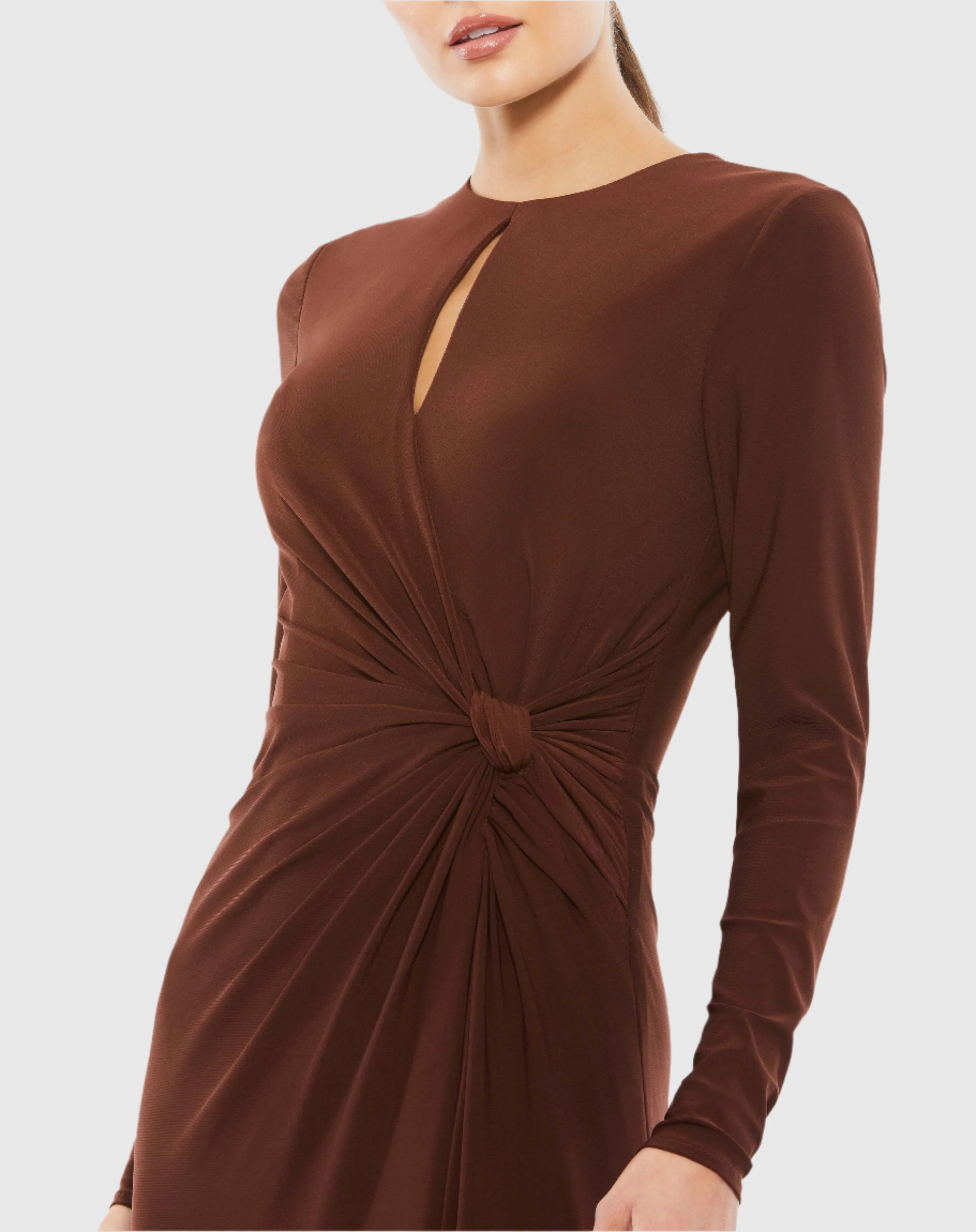 Brown Long Sleeve Keyhole Draped Gown