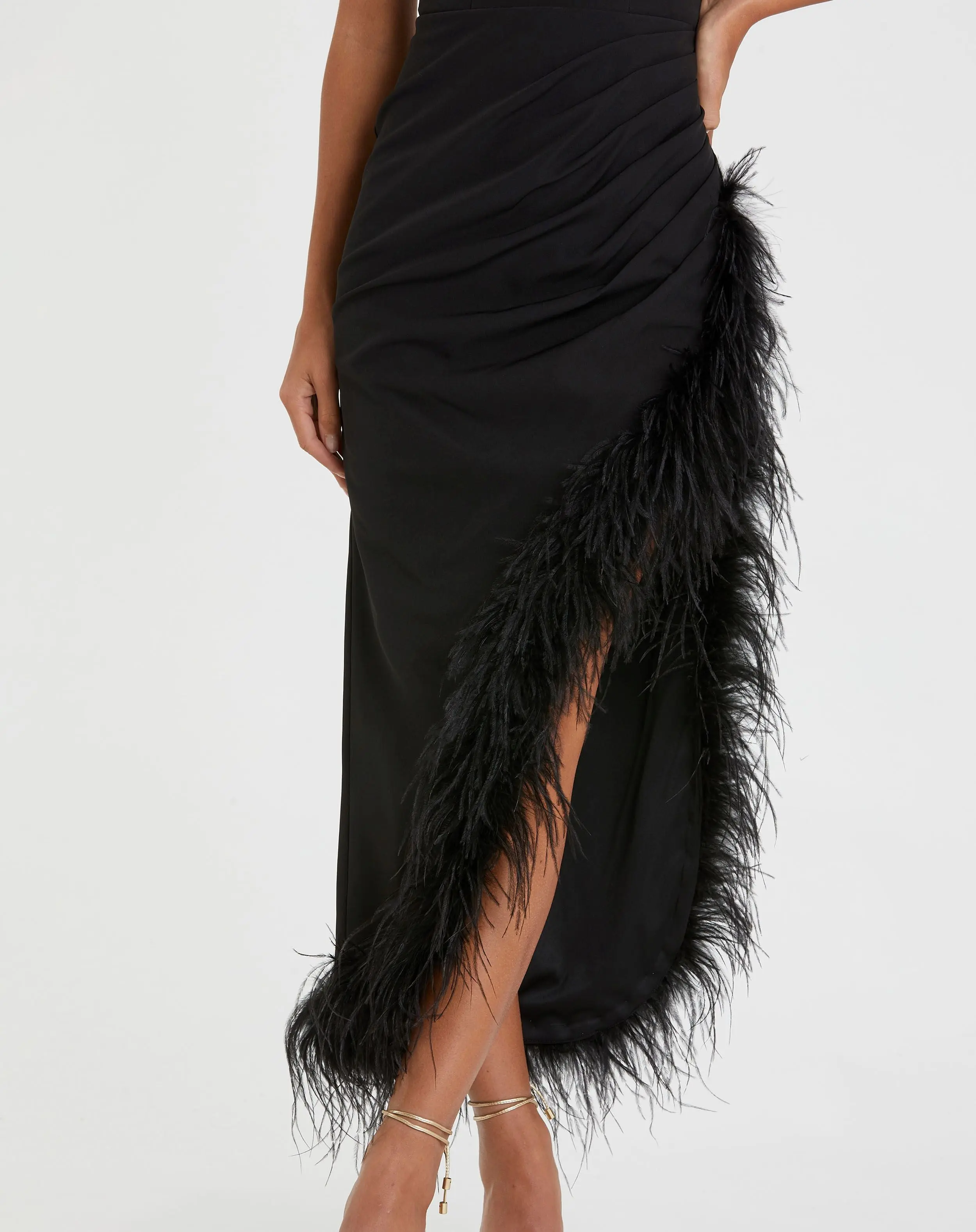 Black Sleeveless Faux Wrap Dress with Feather Detail