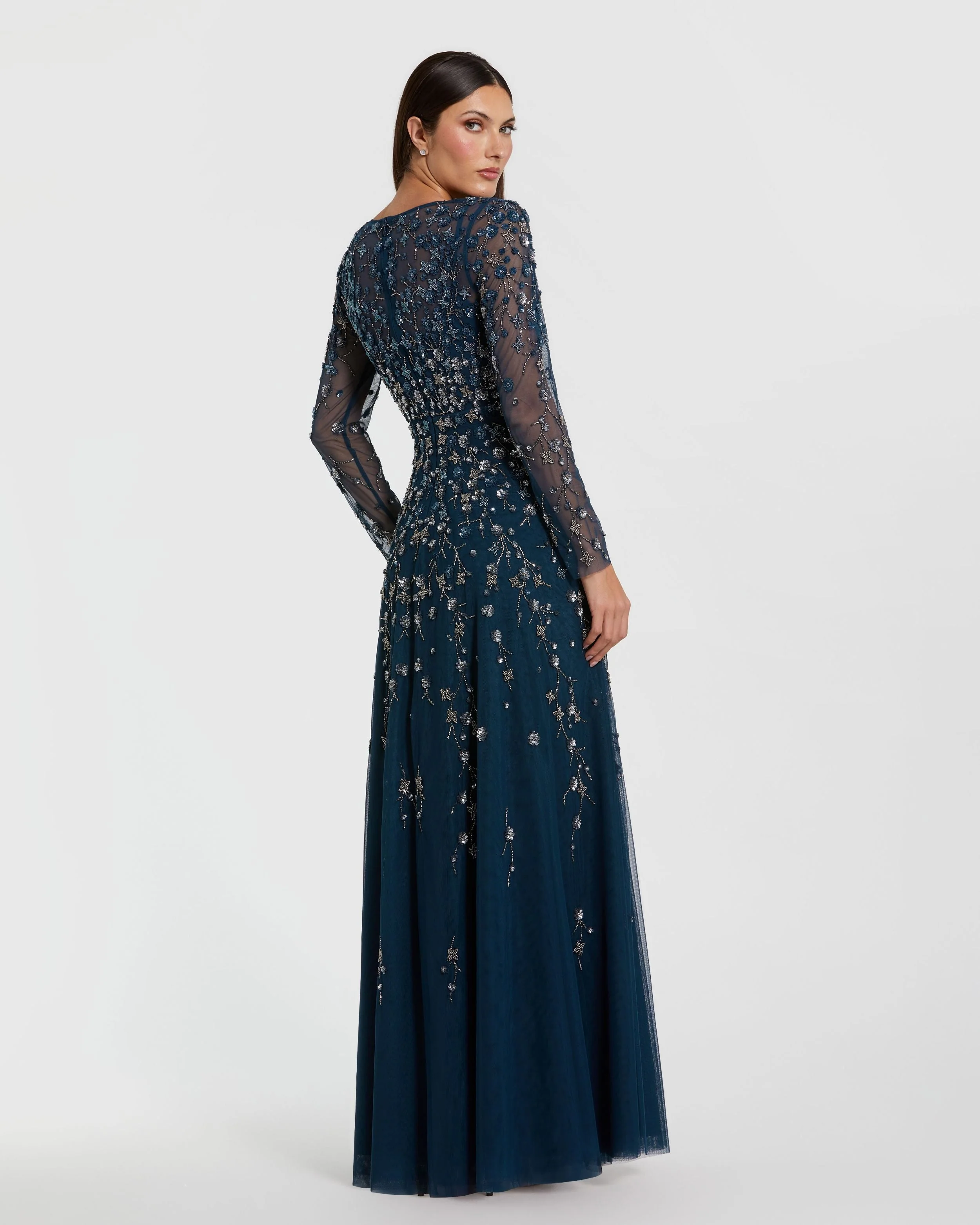 Navy Embellished Wrap Over Illusion Long Sleeve A Line Gown