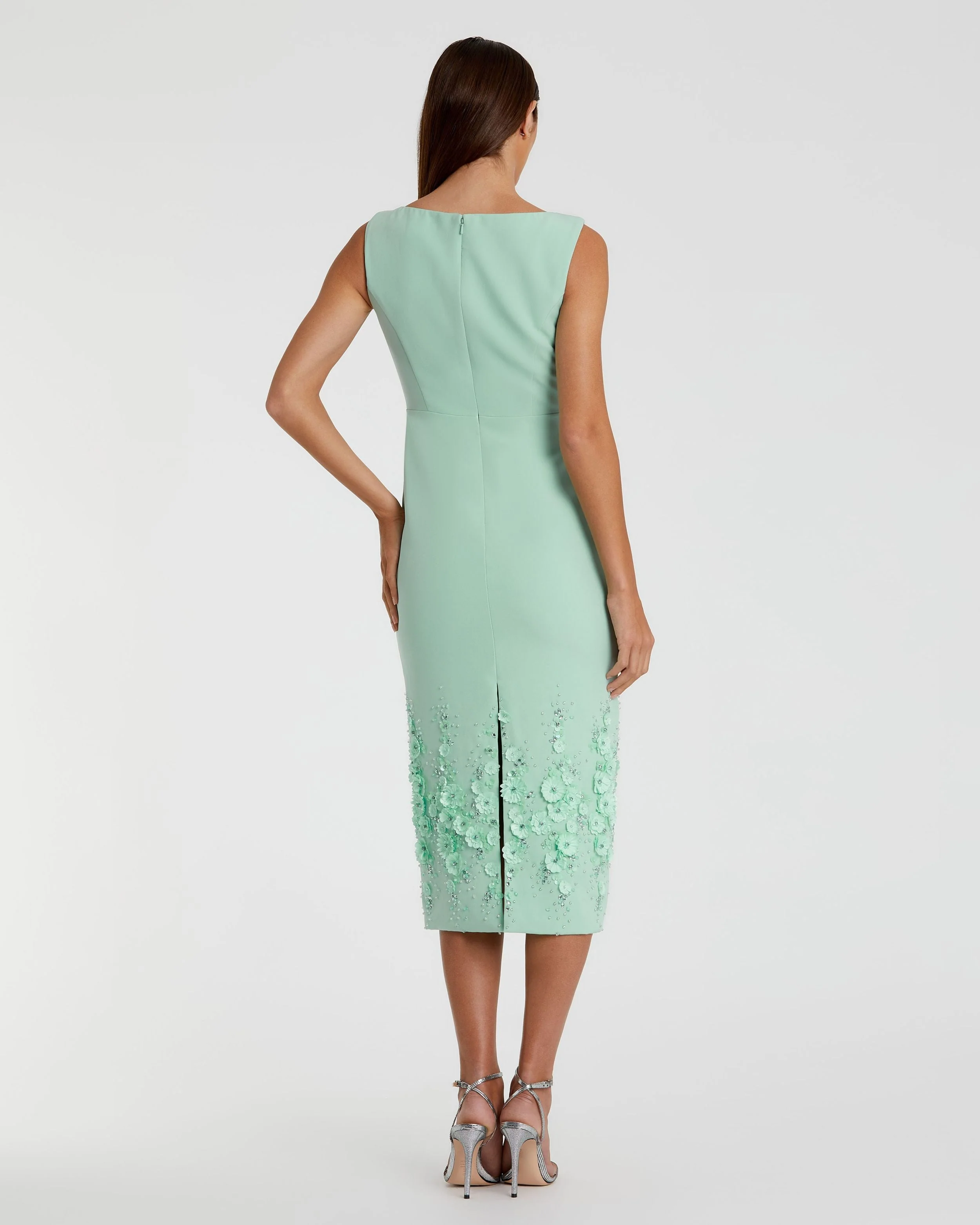 Green Crepe Sleeveless Midi Dress With Flower Beading