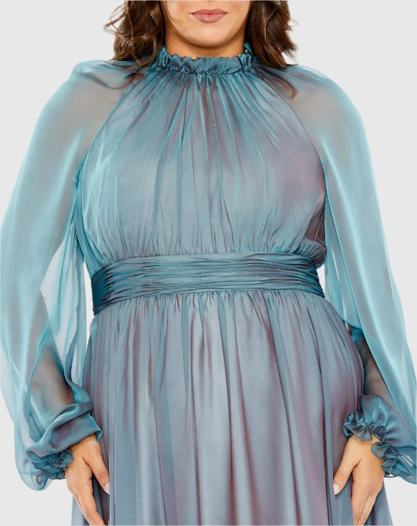 Blue Puff Sleeve w/ Embellished Cuff Mock Neck A Line Gown