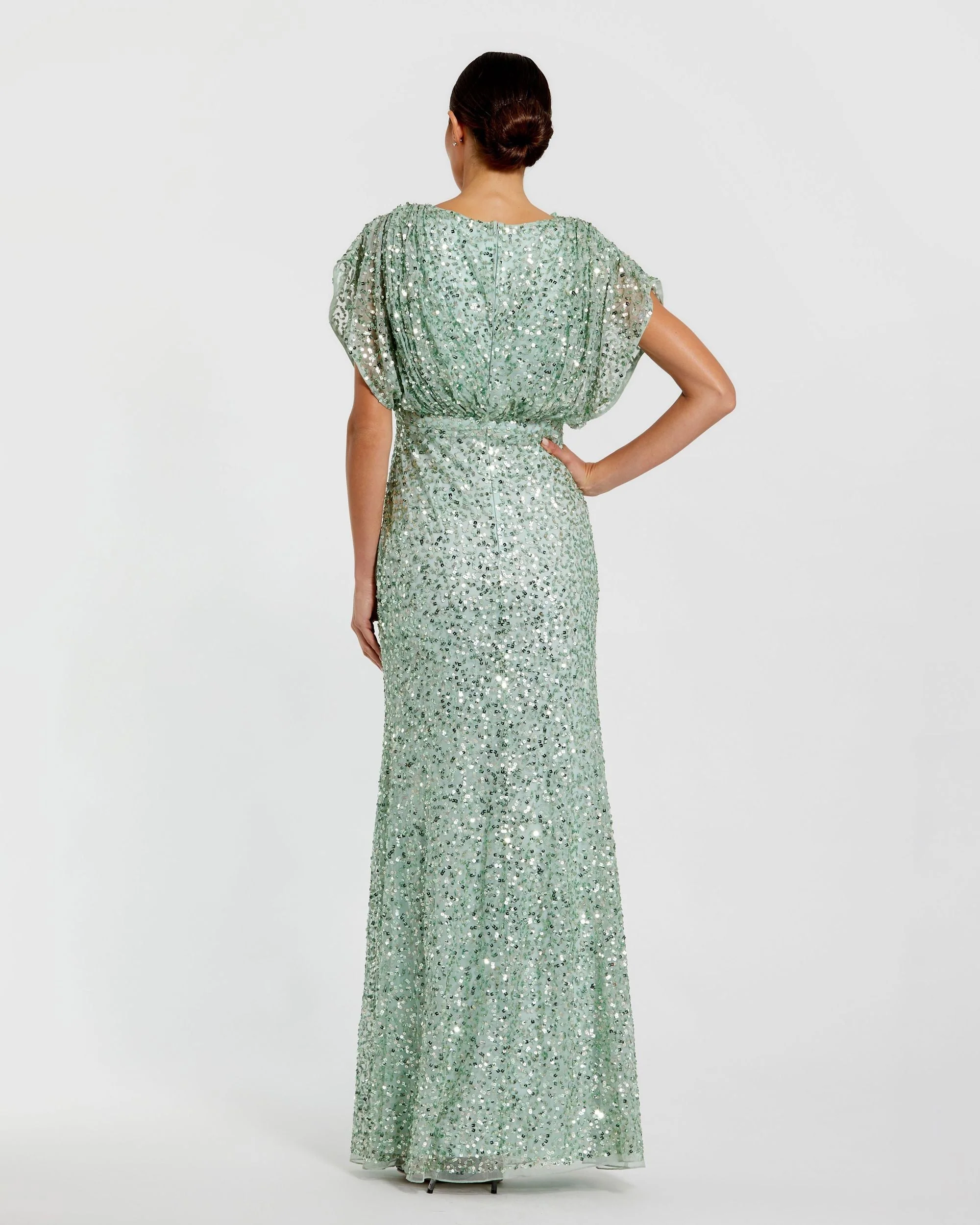 Green Draped Sleeve V Neck Gown