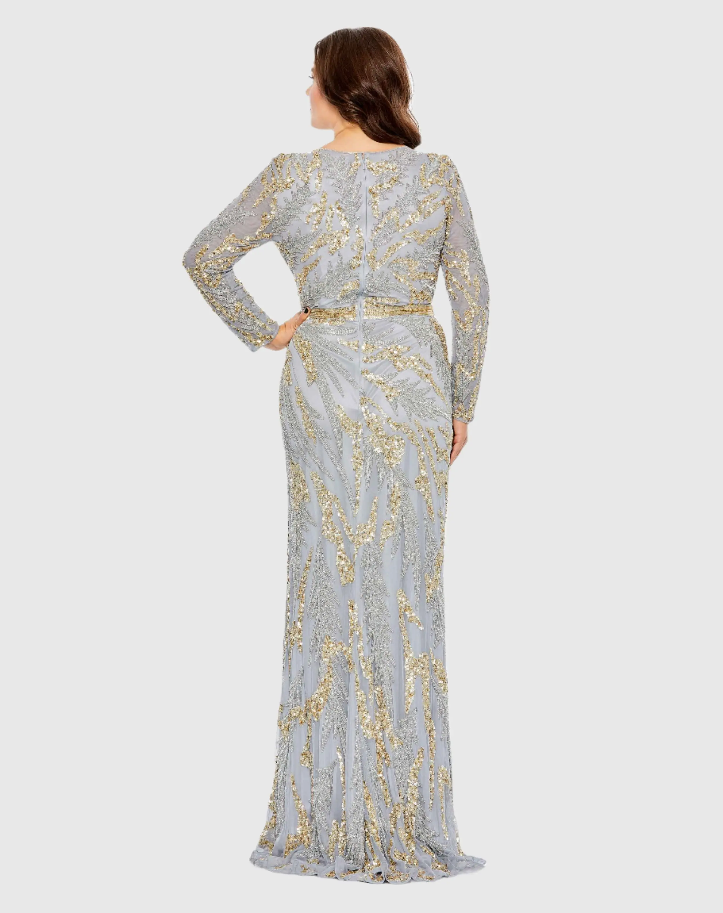 Blue and Gold Long Sleeve High Neckline Embellished Gown