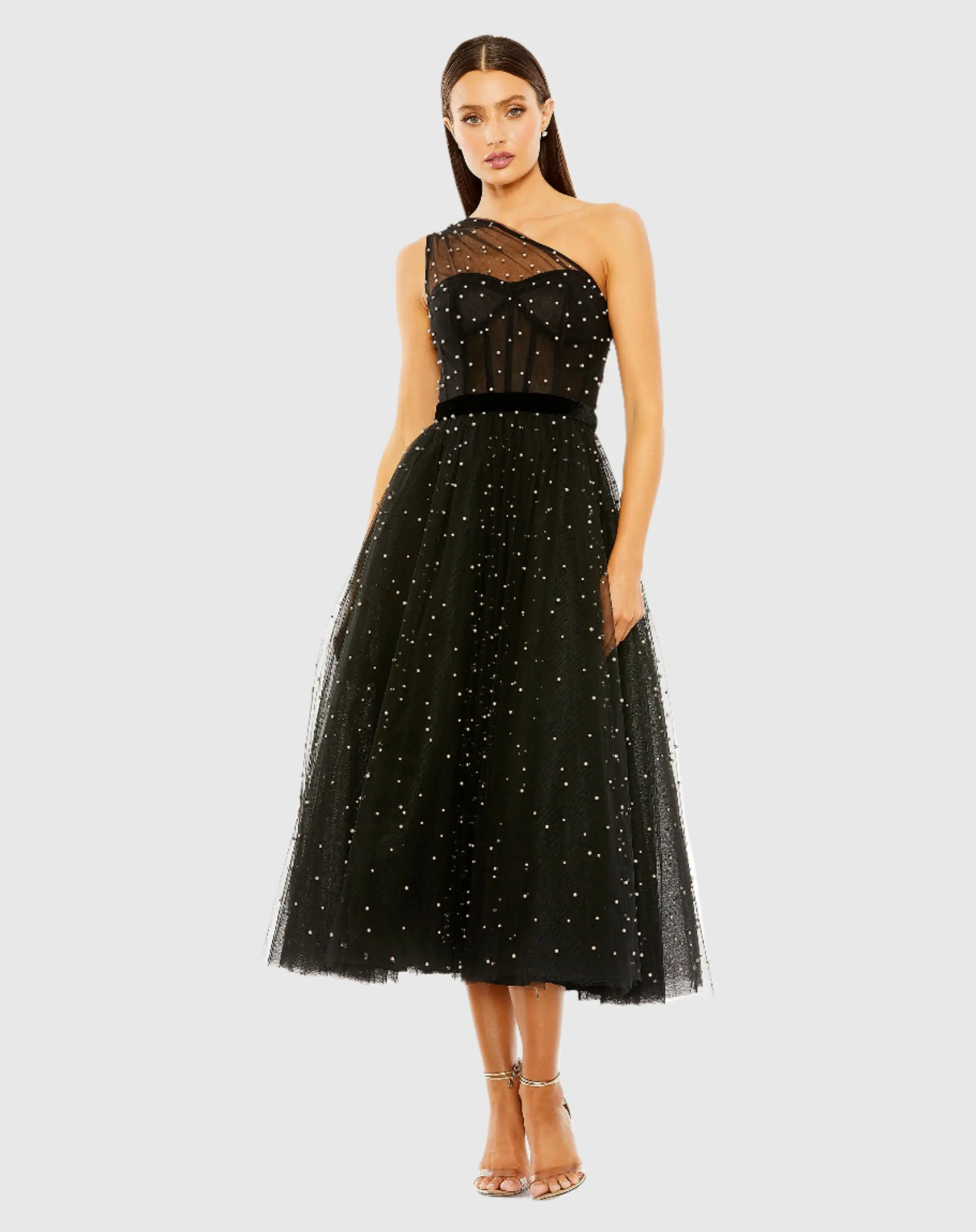 Black One Shoulder Pearl Beaded Midi Ballgown