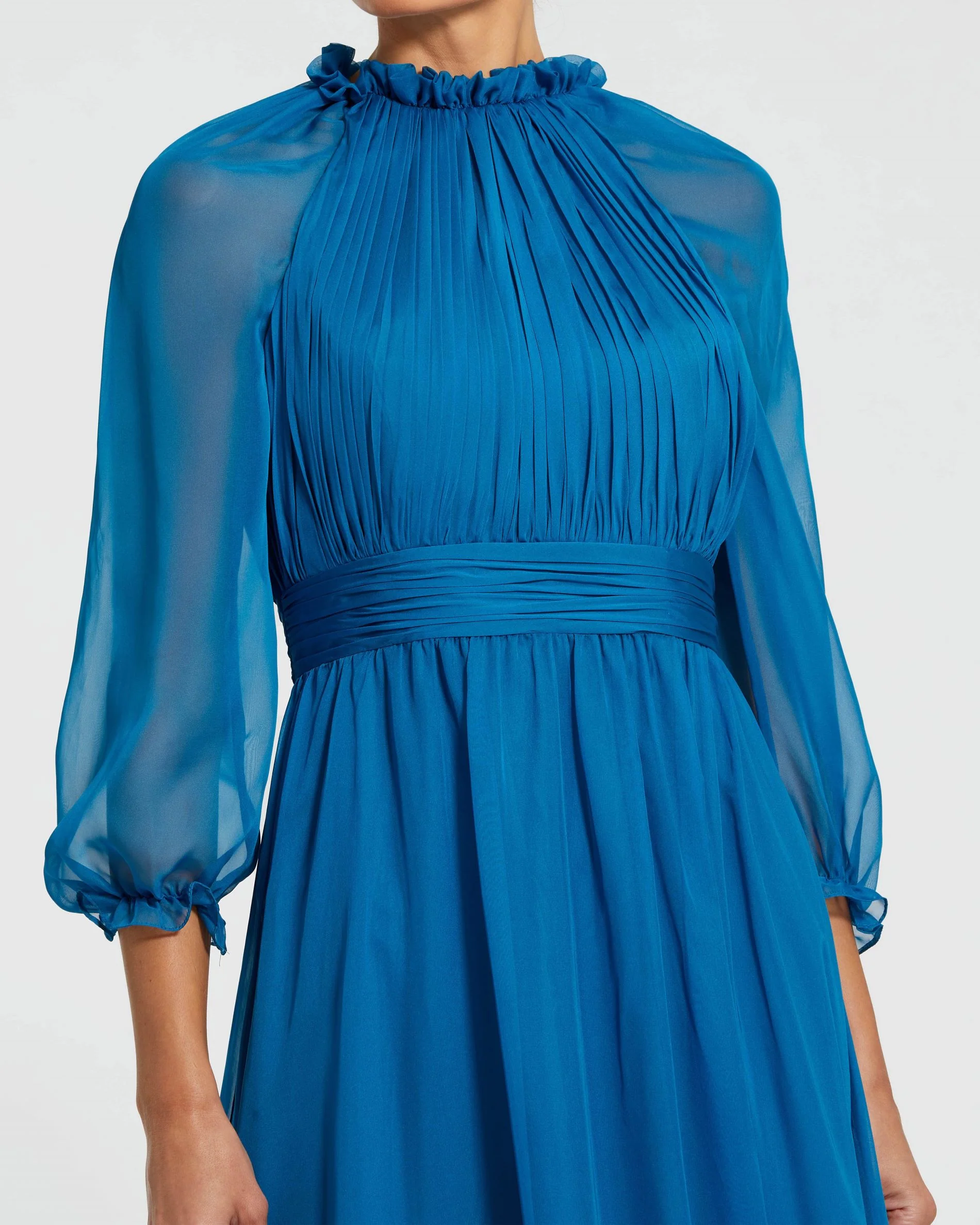Blue Chiffon Ruched Illusion Raglan Sleeve Ruffled Gown