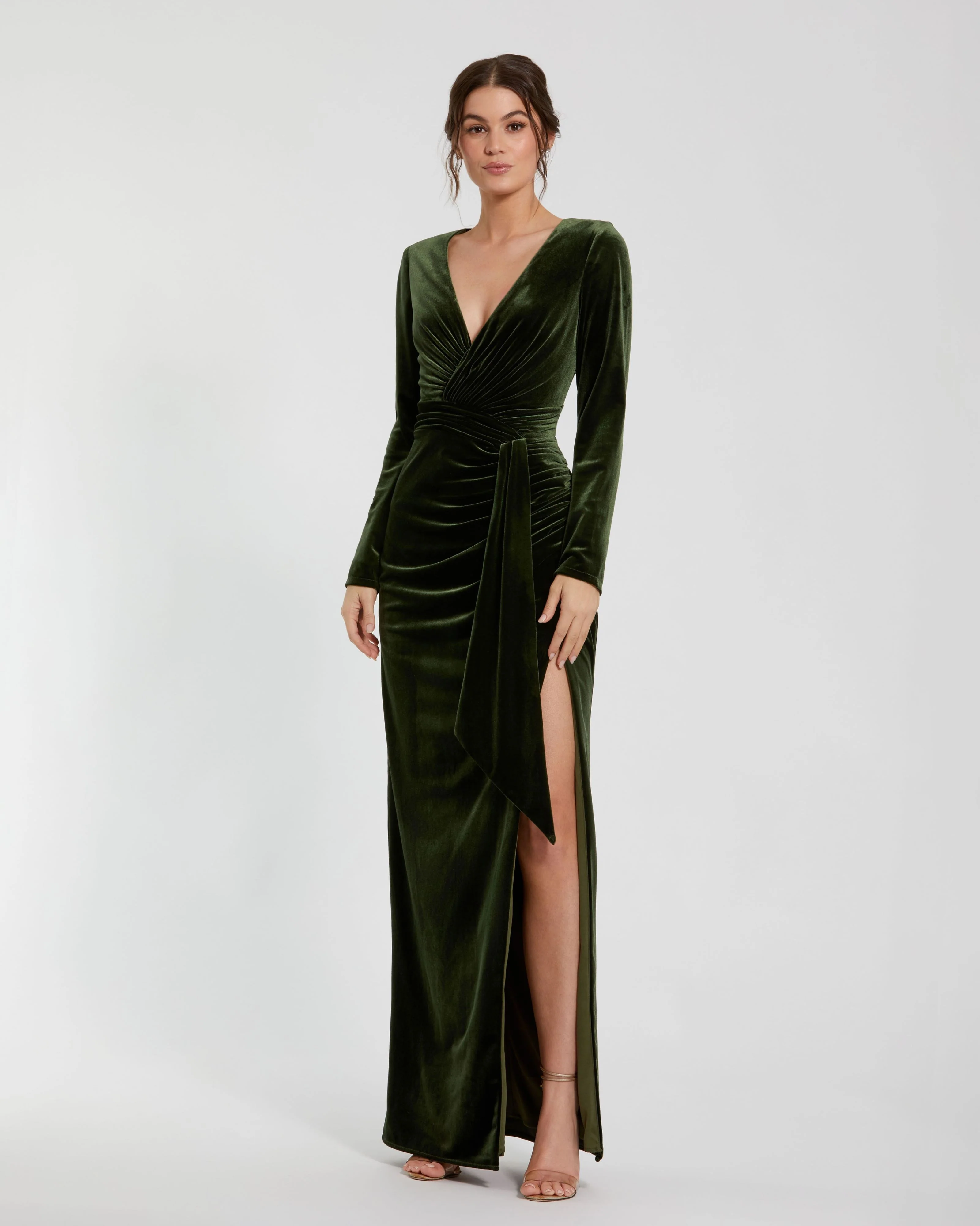 Green Long Sleeve Deep V Draped Velvet Gown
