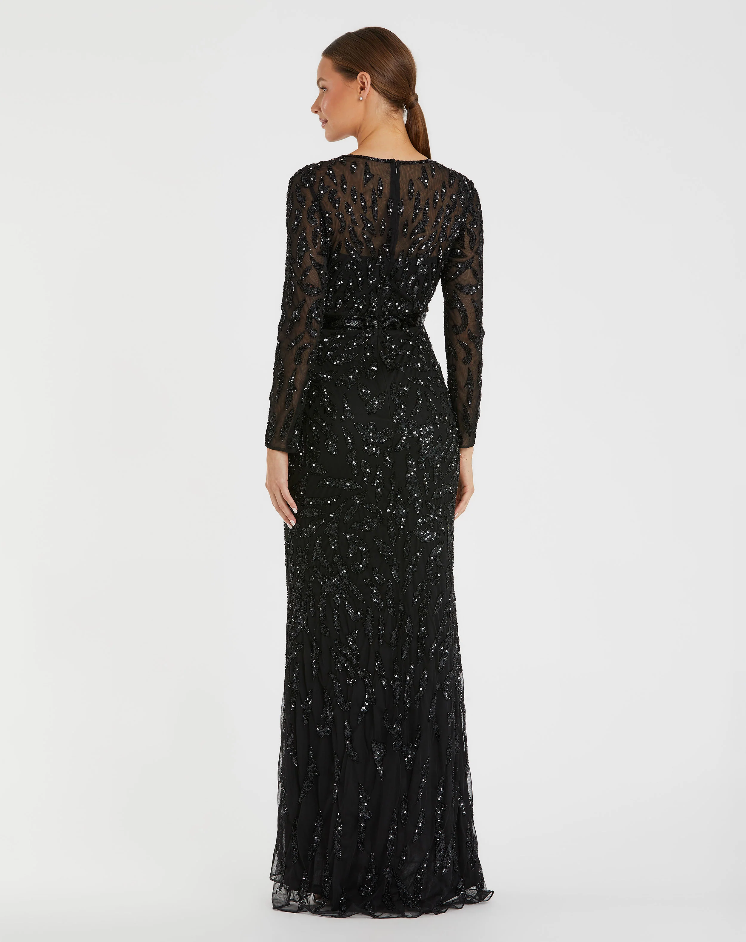 Black Beaded Long Sleeve Evening Gown