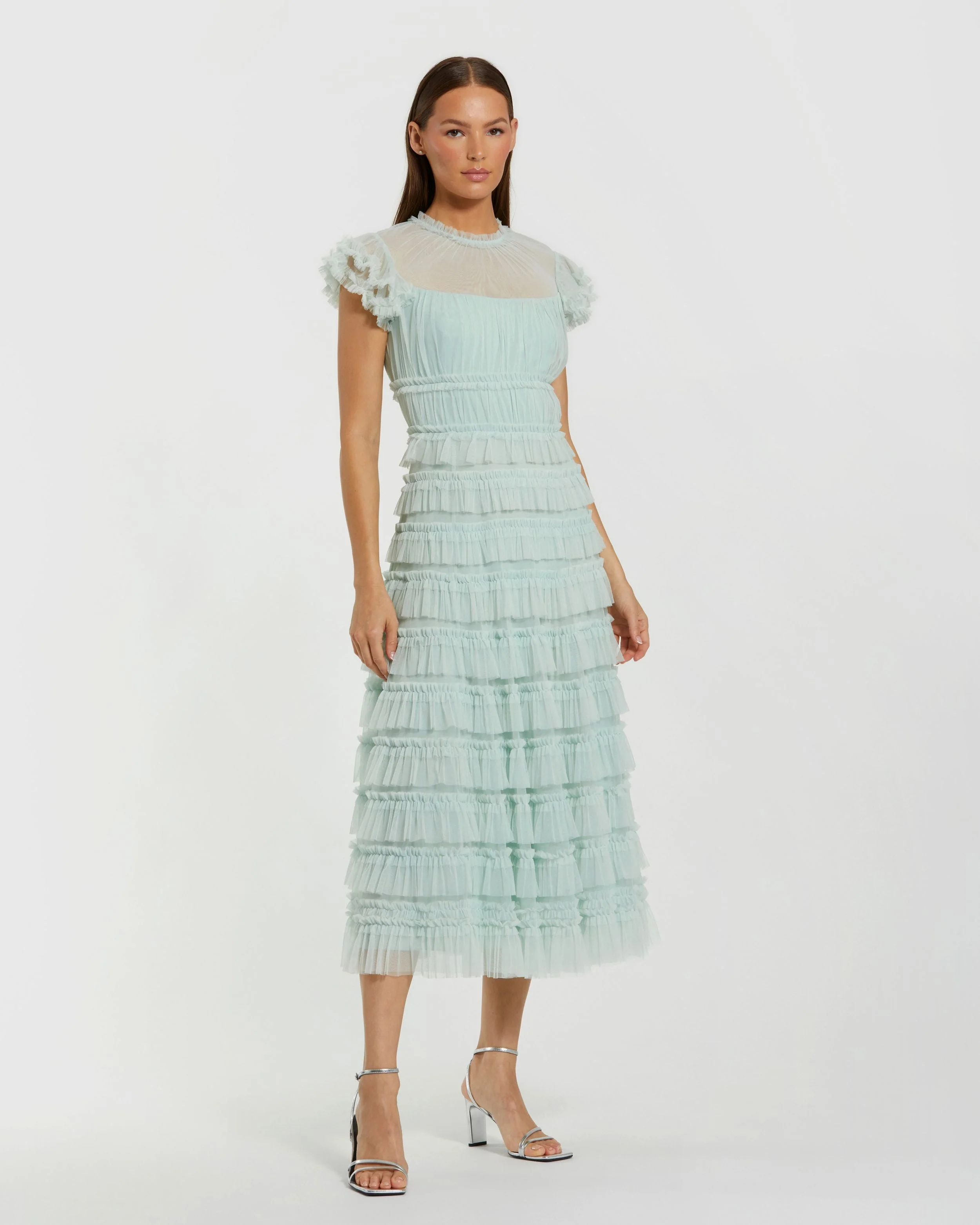 Green Mesh Micro Ruffle High Neck Midi Dress