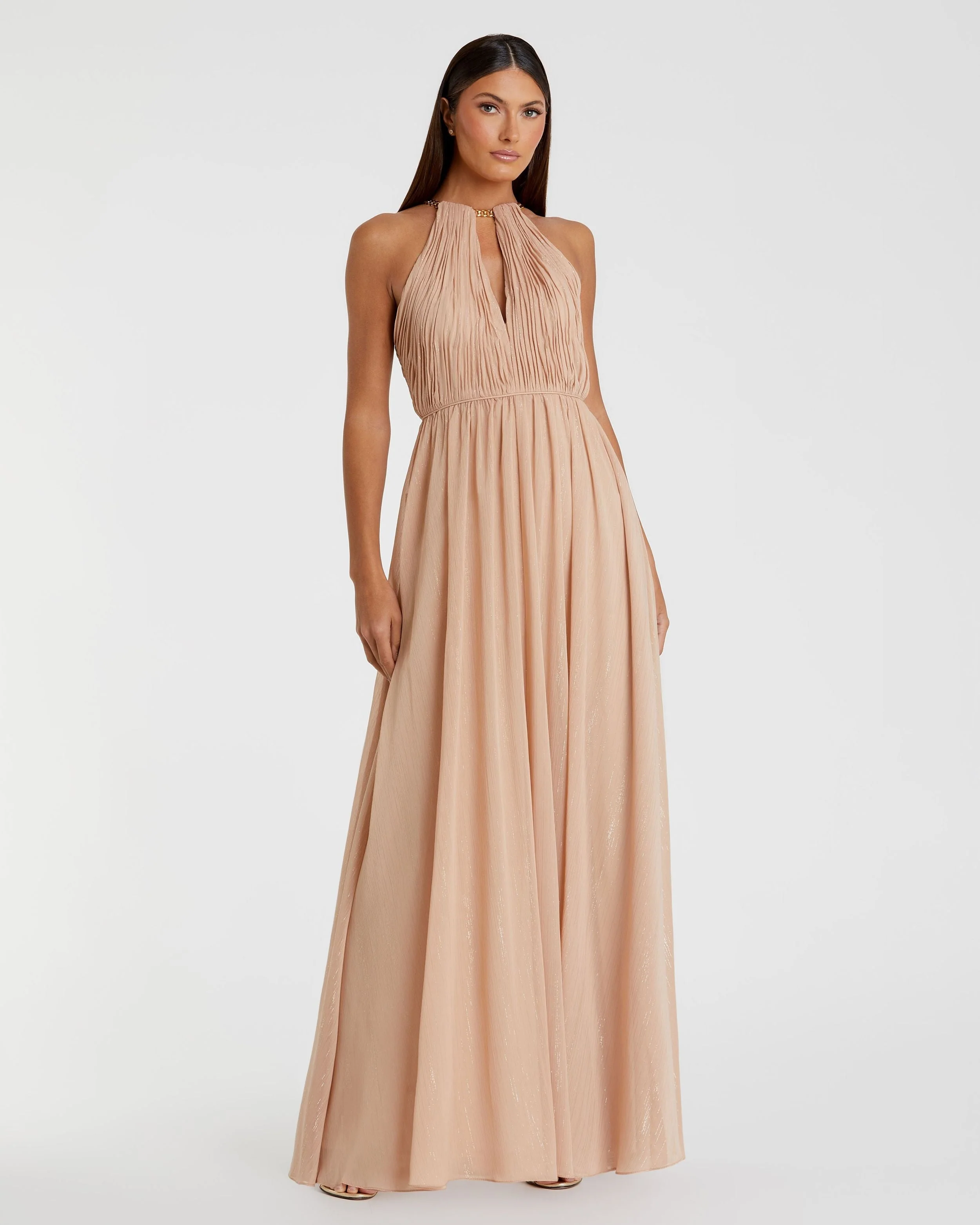 Beige Chain Trim Keyhole Halter Neck A Line Gown