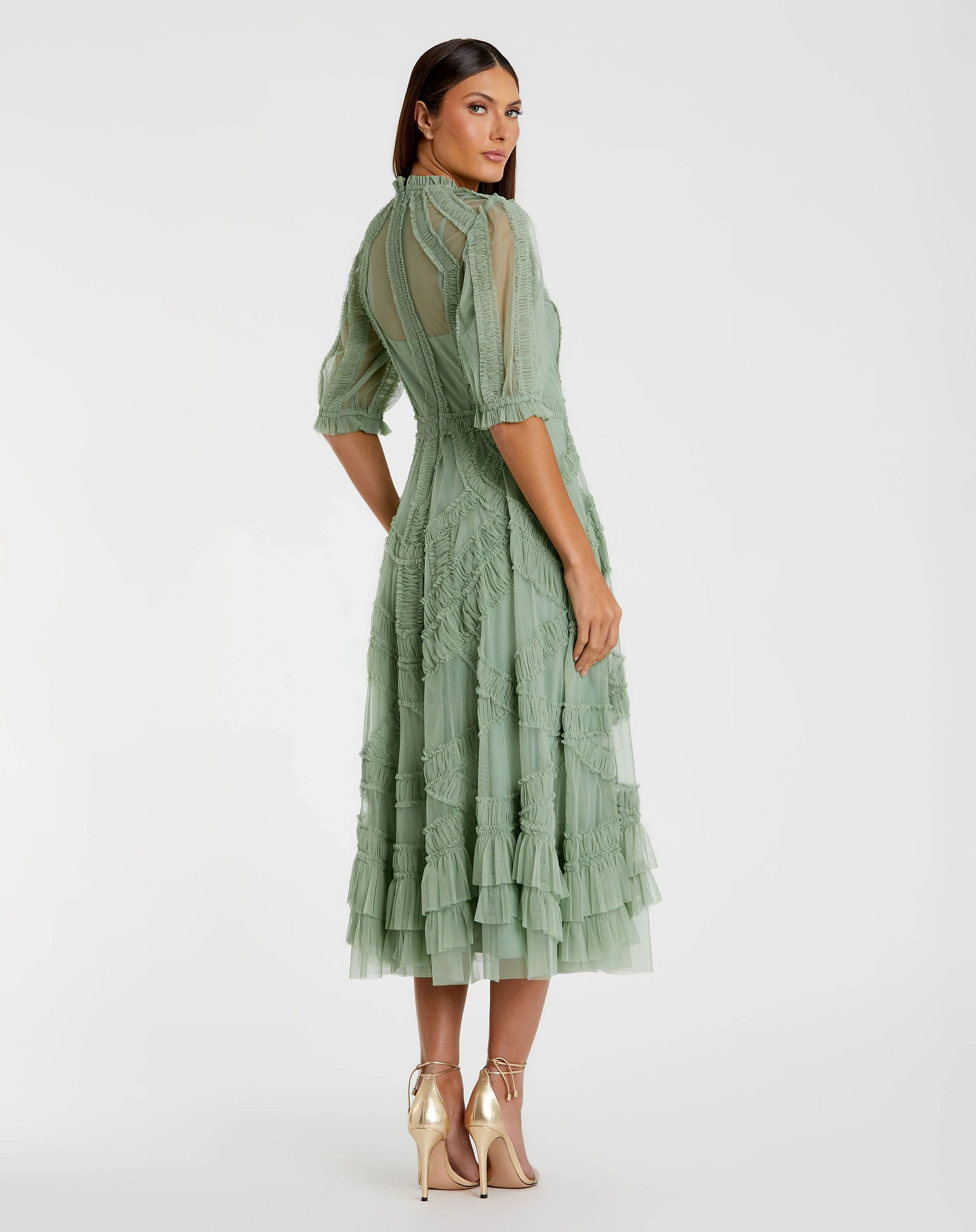 Green High Neck Micro Ruffle Tiered Midi Dress