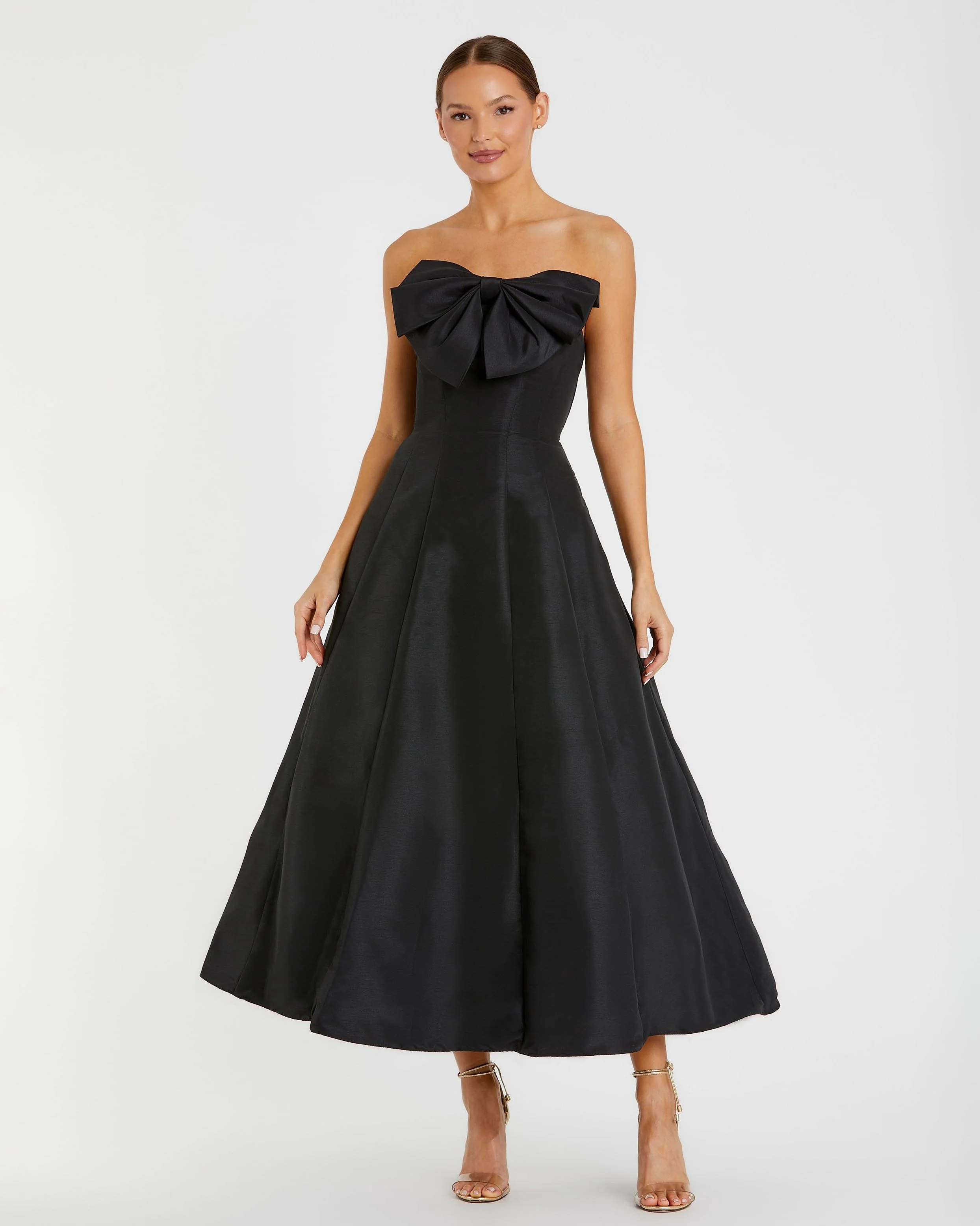 Black Strapless A-Line Tea Length Statement Bow Dress