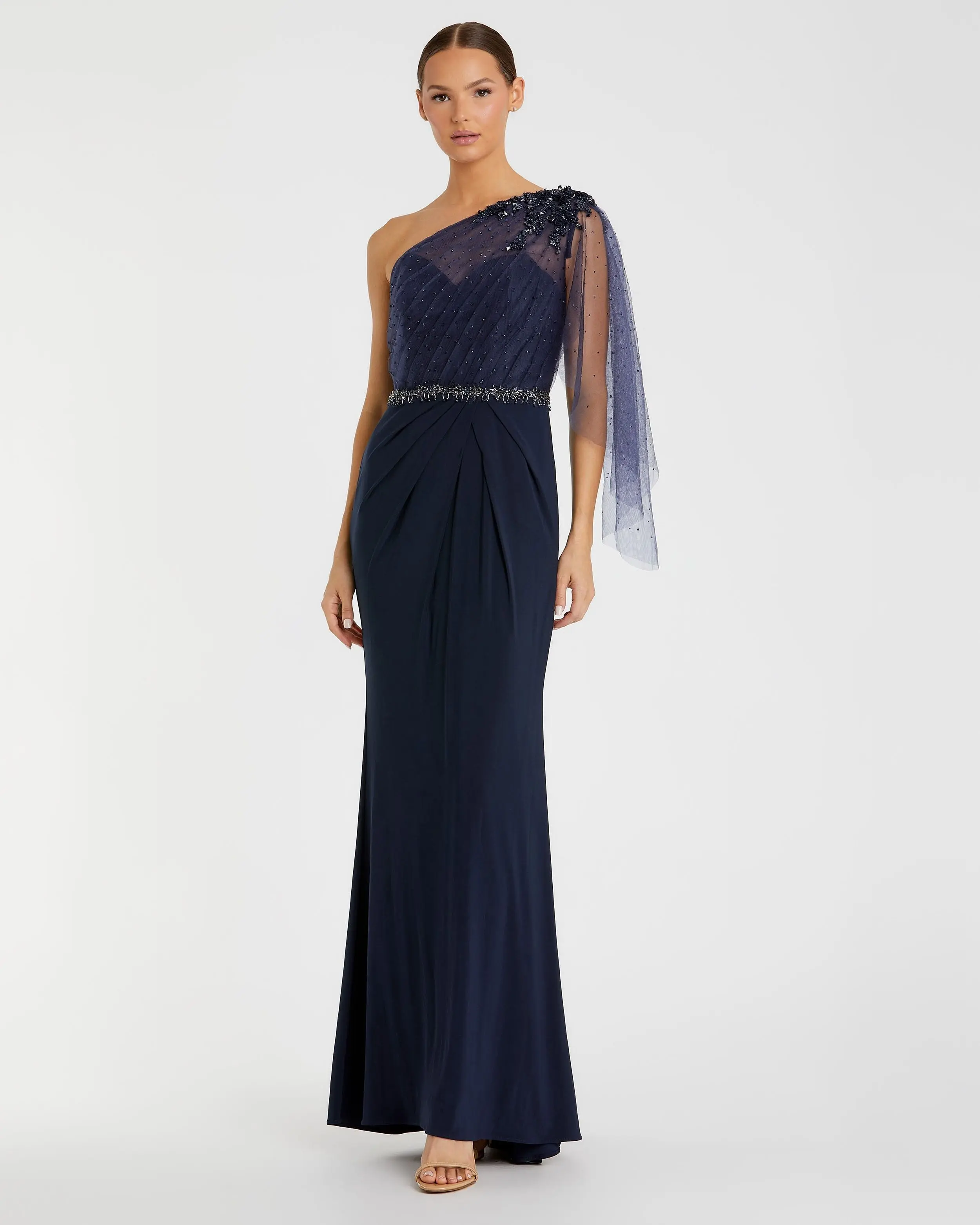 Navy Embellished One Shoulder Draped Gown