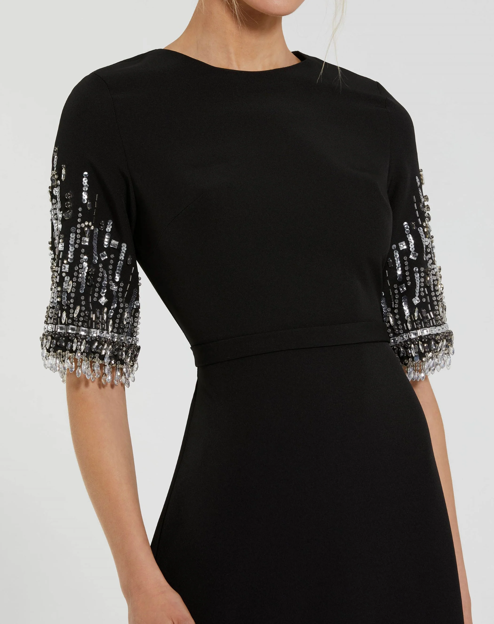 Black Crepe A Line Gown With Beaded 3/4 Sleeves