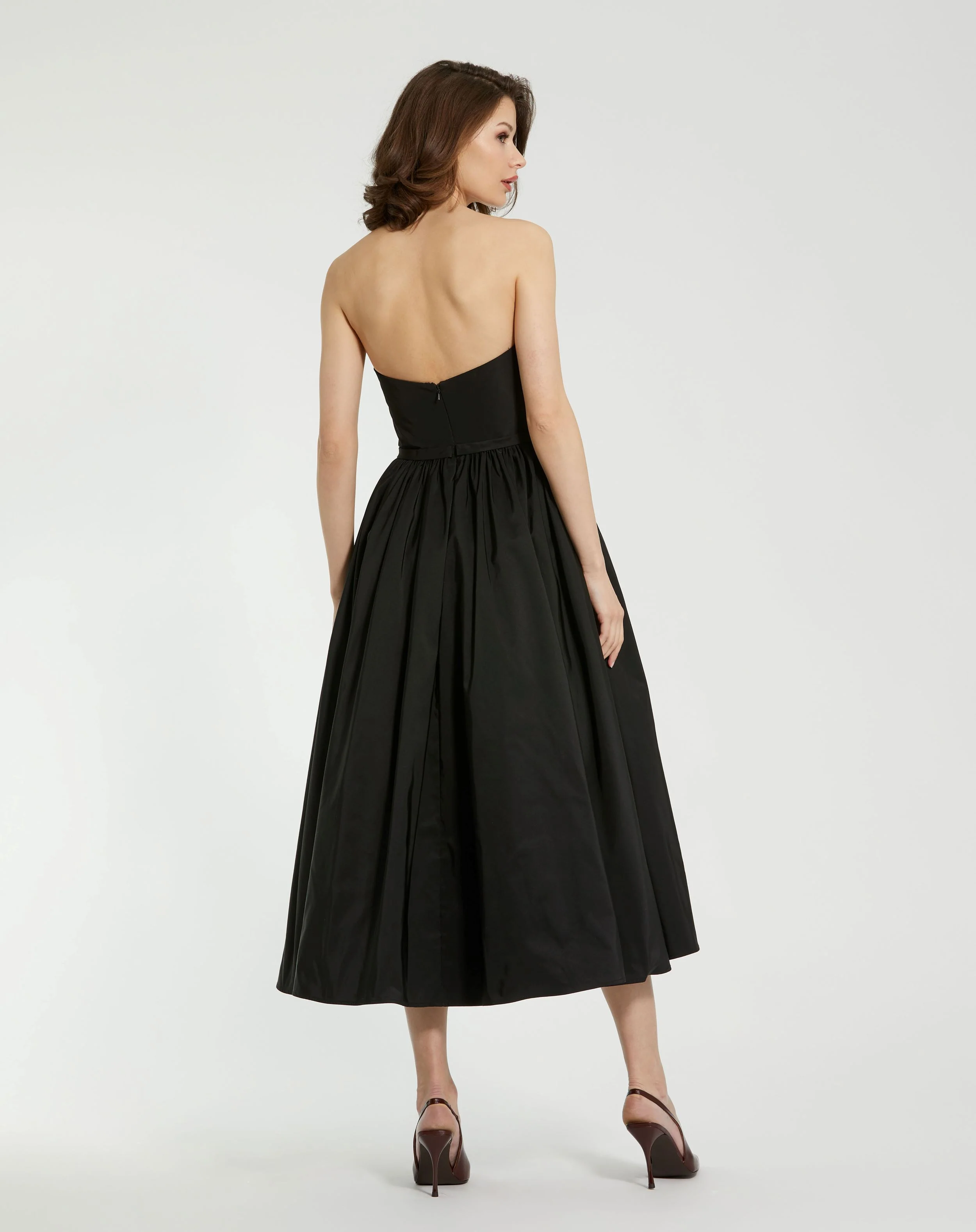 Black Faille Strapless A Line Midi Dress With 3D Rose