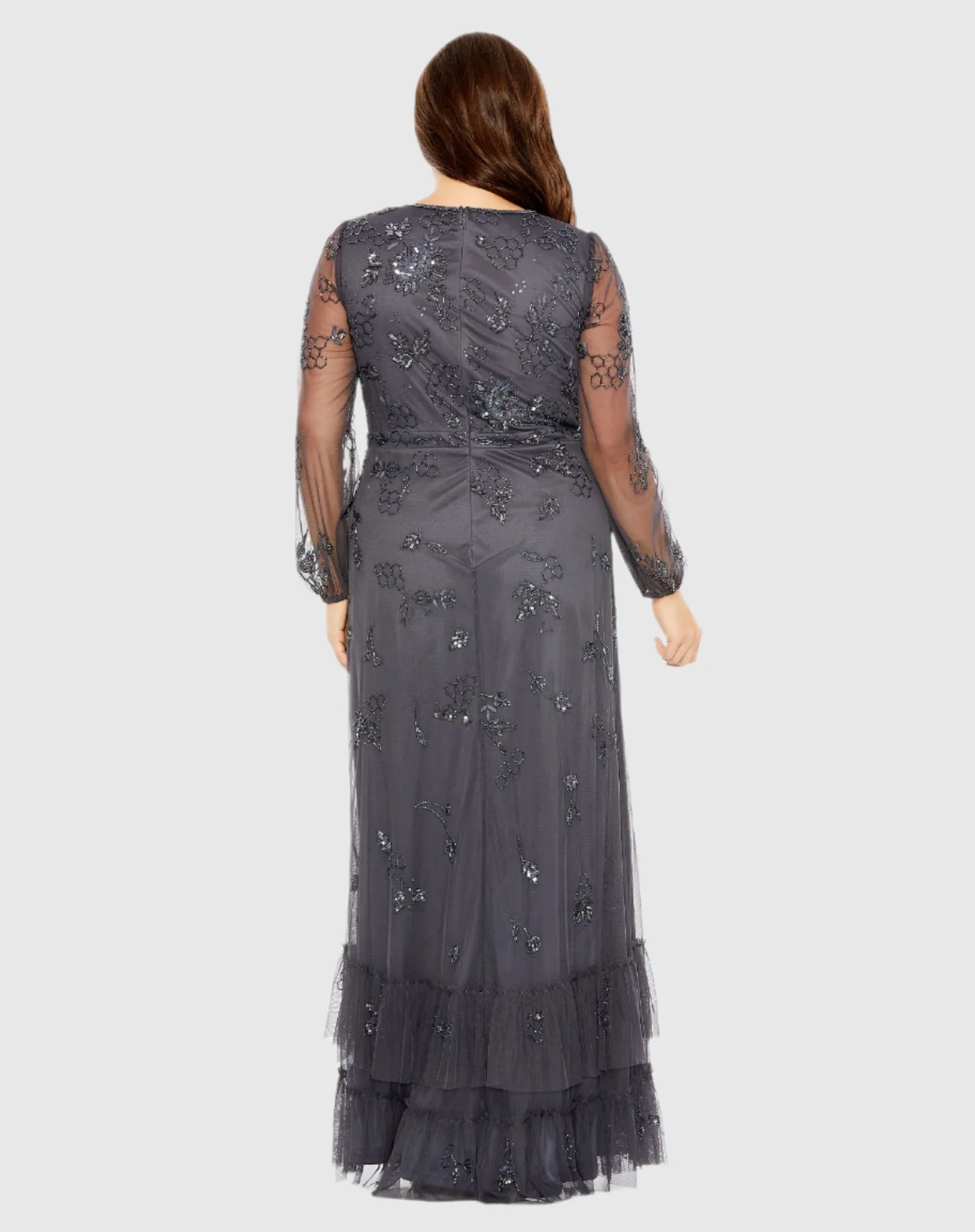 Gray Puff Sleeve V-Neck Tiered Embellished Gown - Plus