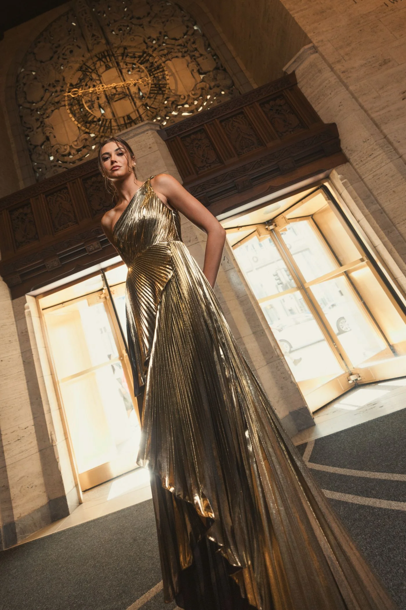 Gold Pleated Metallic One Shoulder High Low Gown