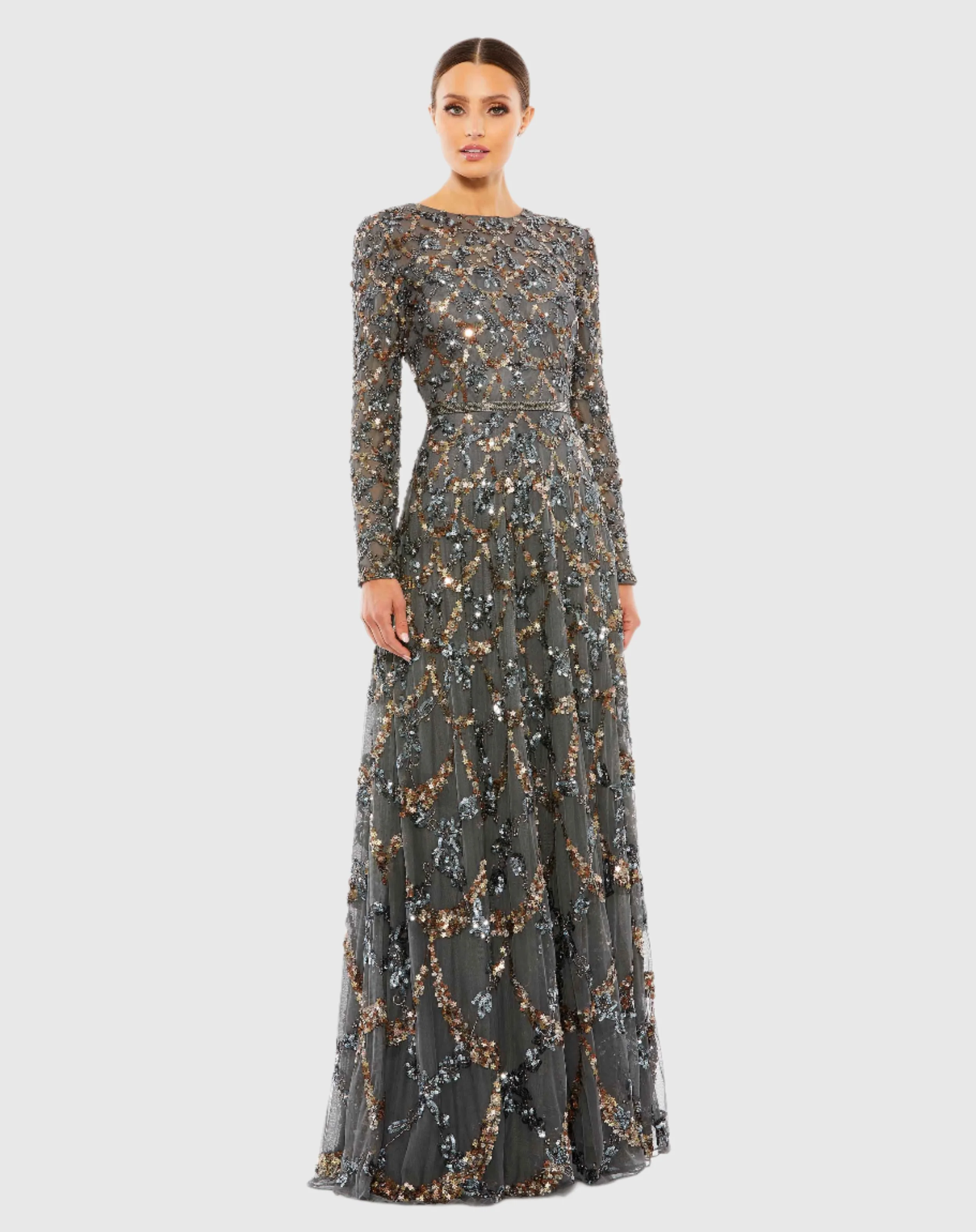 Gray Embellished Illusion High Neck Long Sleeve A Line Gown