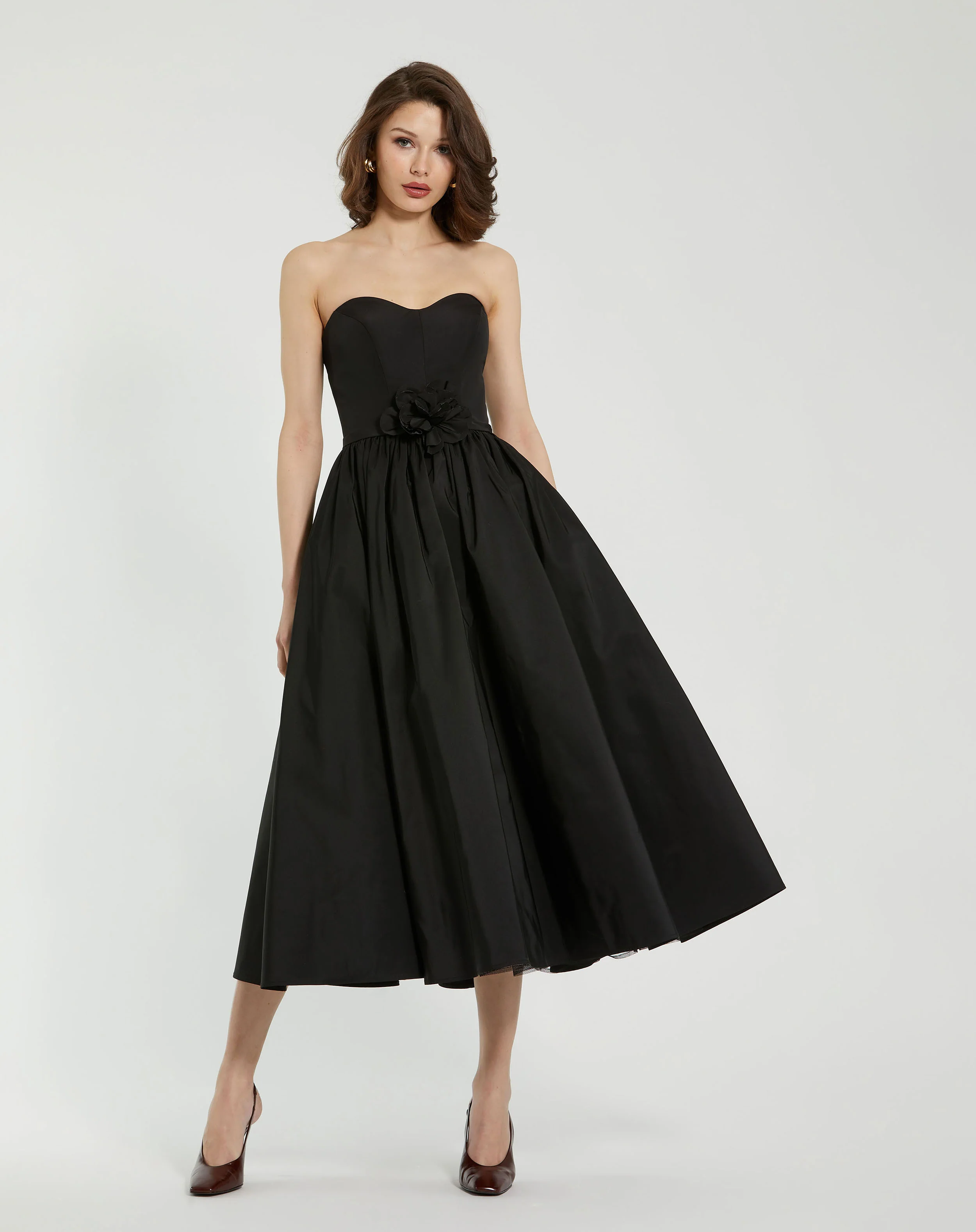 Black Faille Strapless A Line Midi Dress With 3D Rose