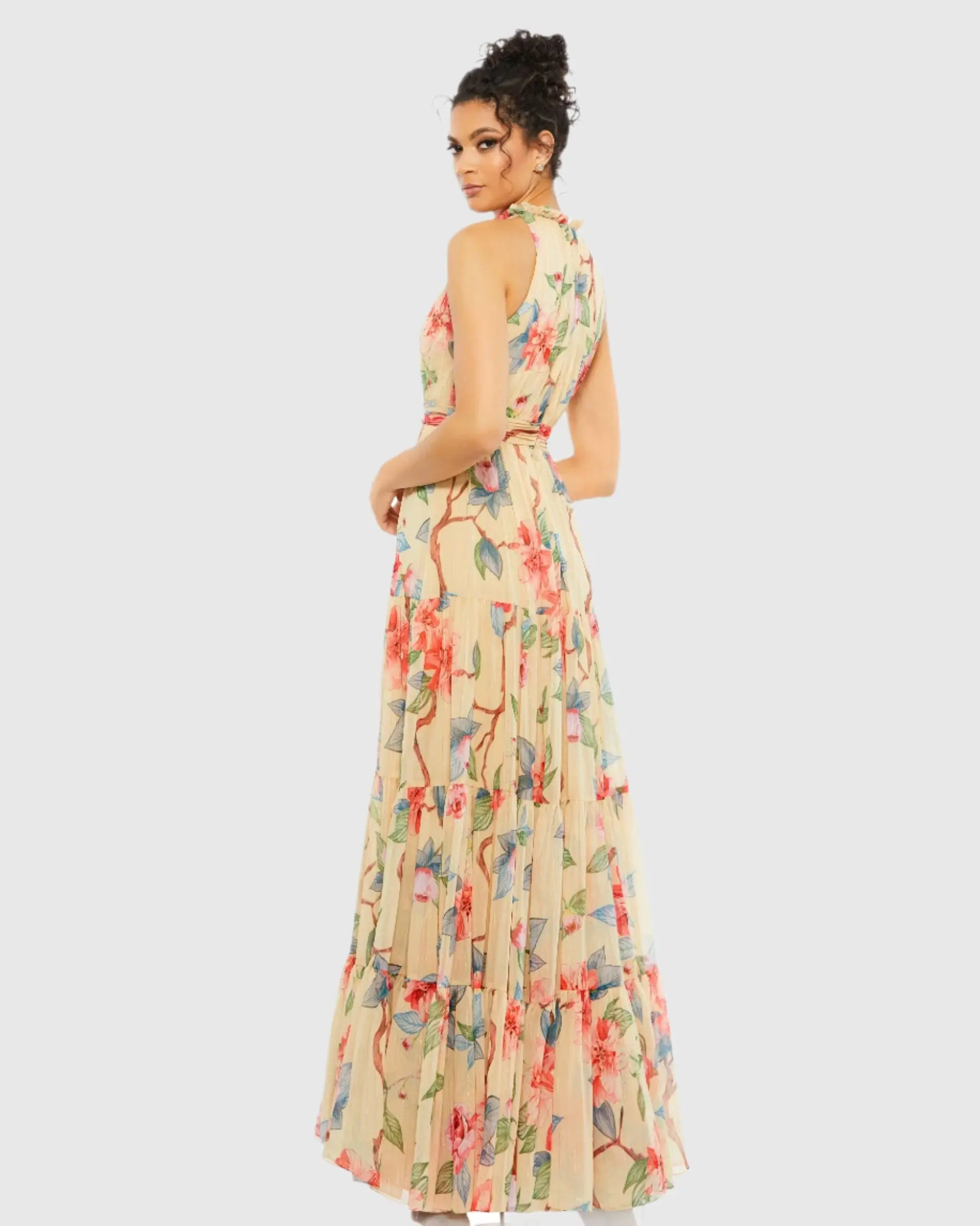 Beige Floral Button High Neck Maxi Dress