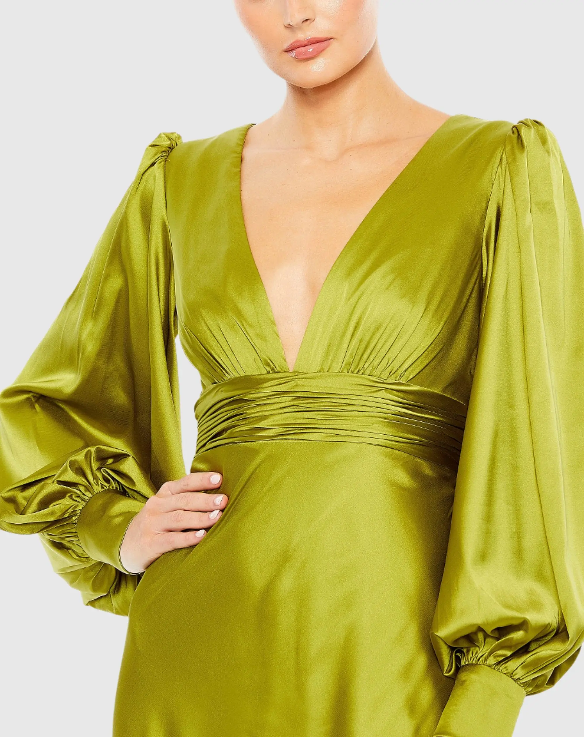 Green Charmeuse Bishop Sleeve V Neck Gown