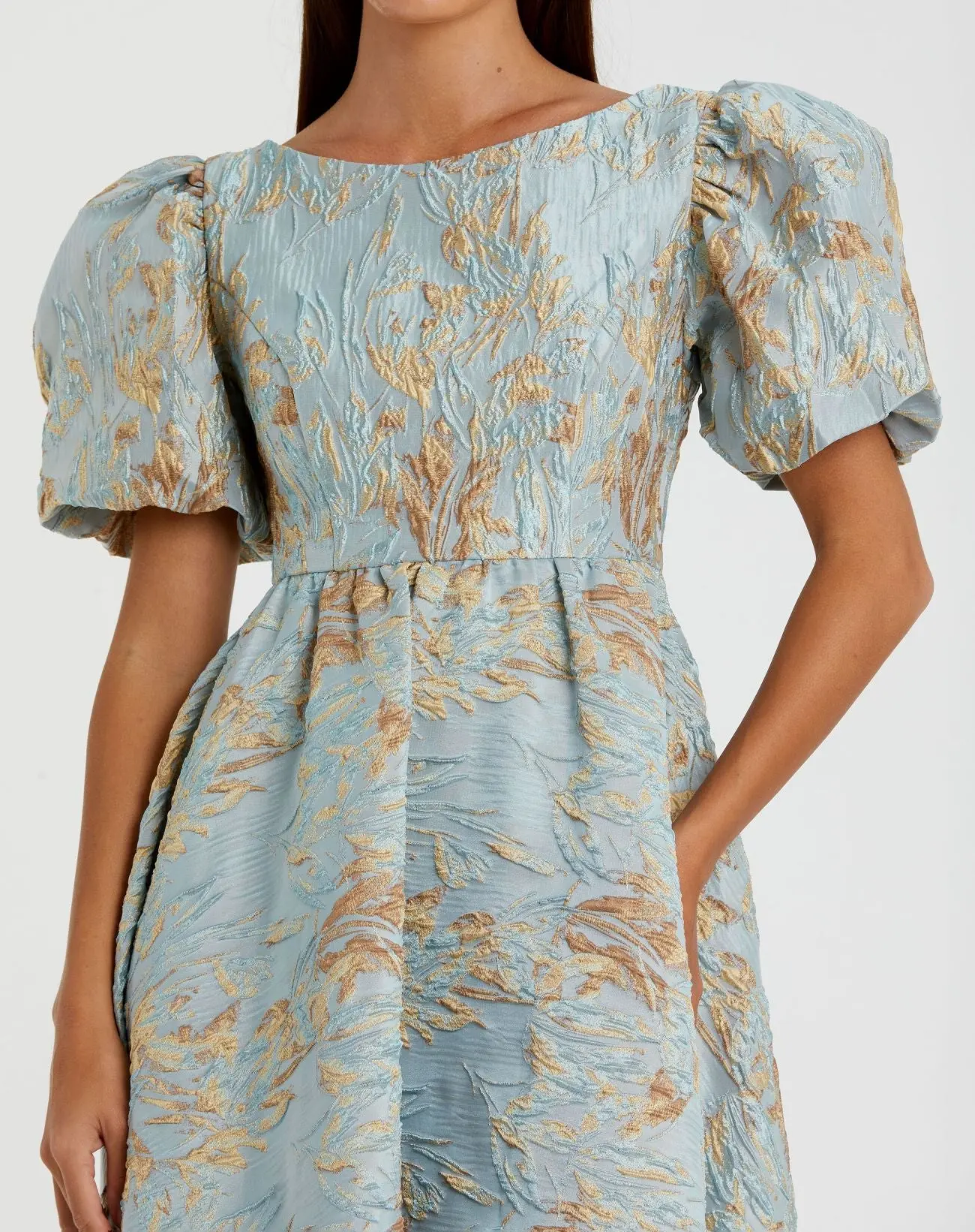 Blue Brocade Puff Sleeve High Low Gown