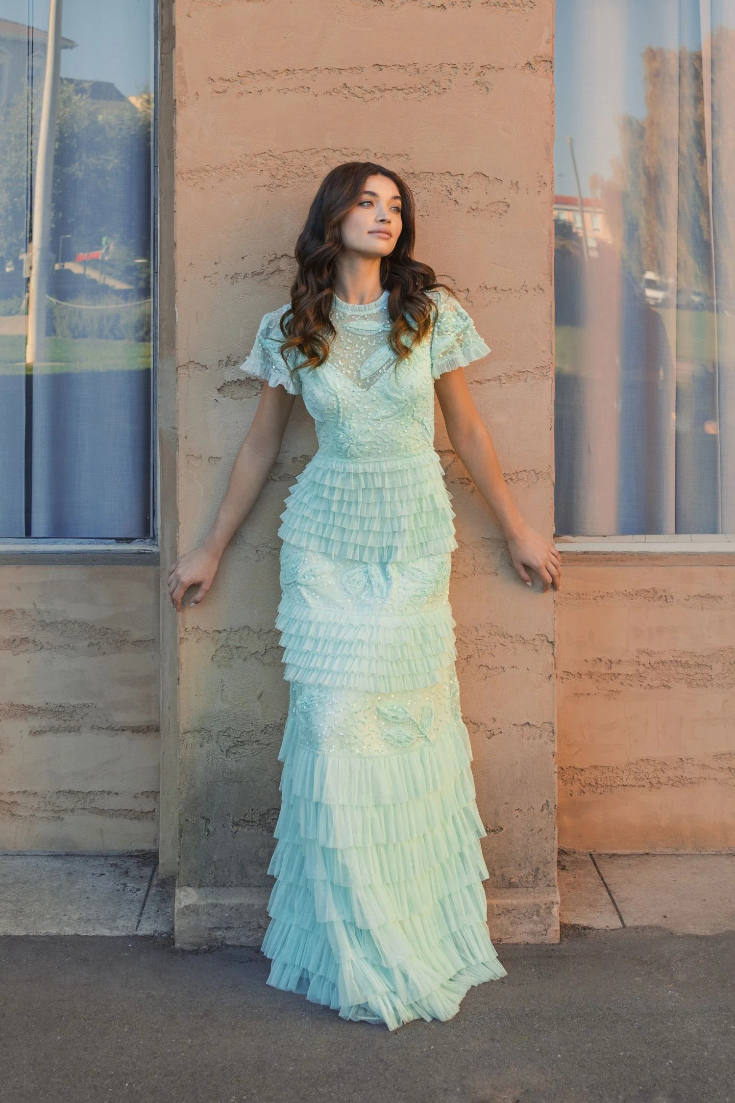 Green Beaded Mesh High Neck Micro Ruffle Gown
