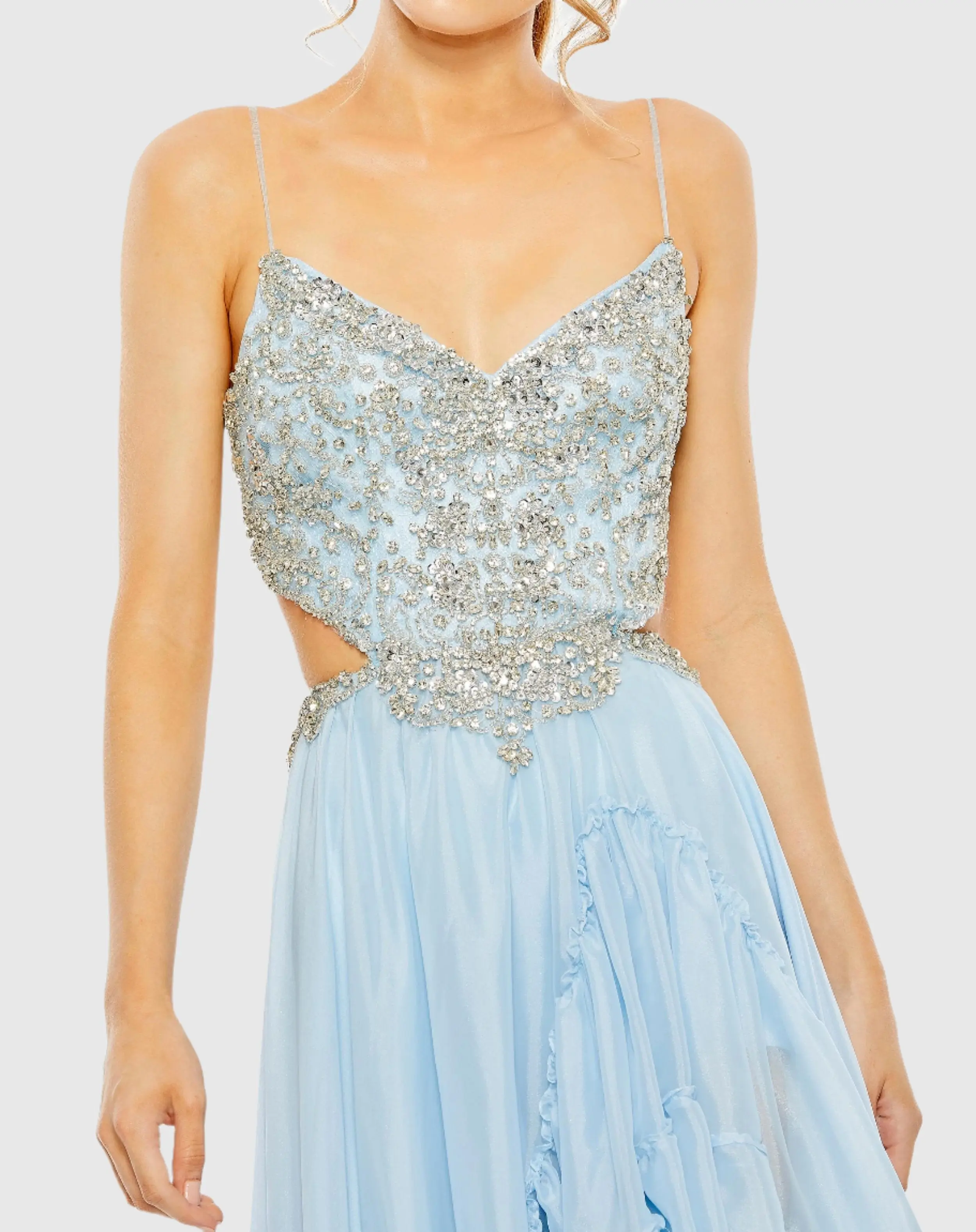 Blue Embellished Cut Out Open Back High Low Gown
