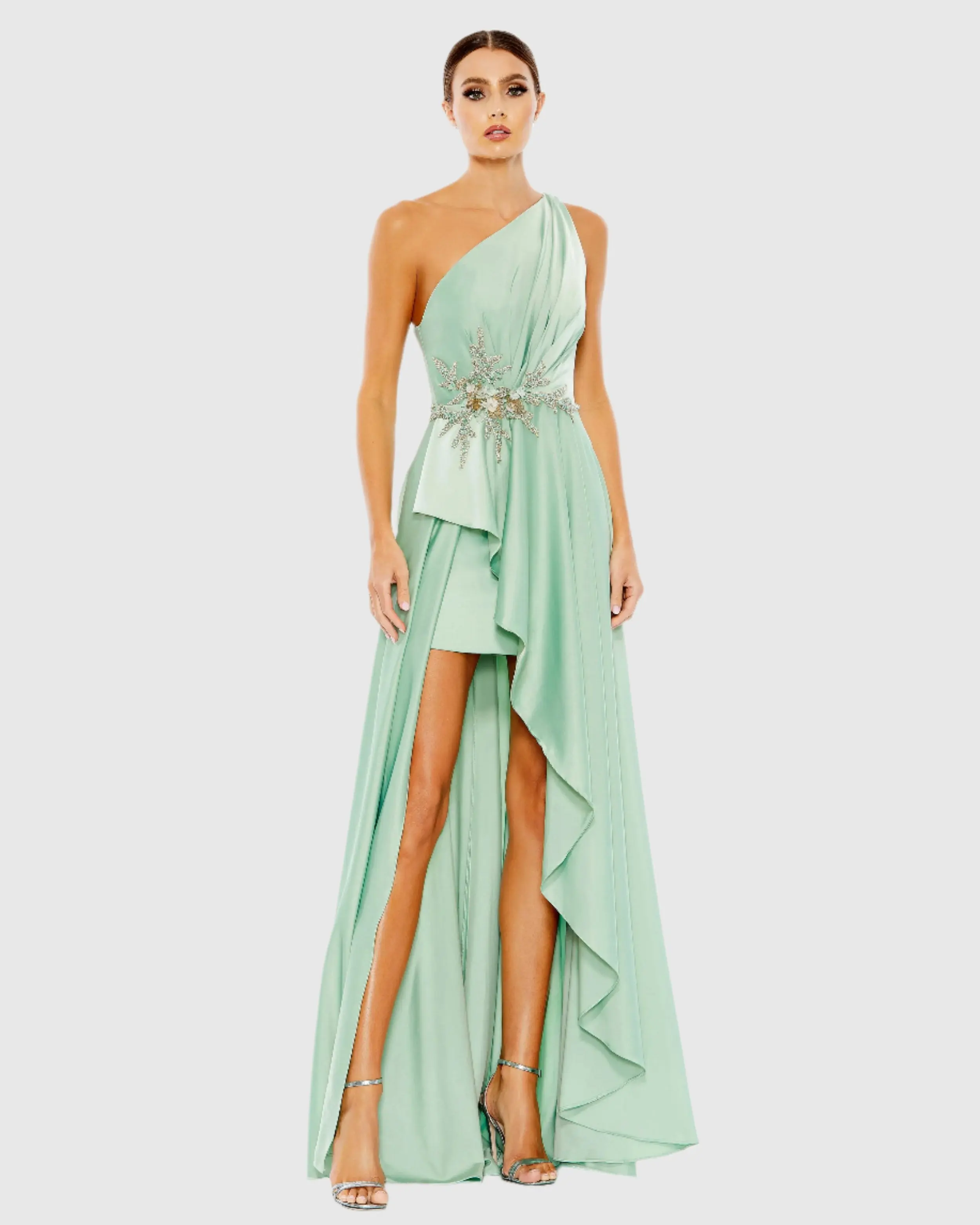 Green Embellished One Shoulder Asymmetrical Gown