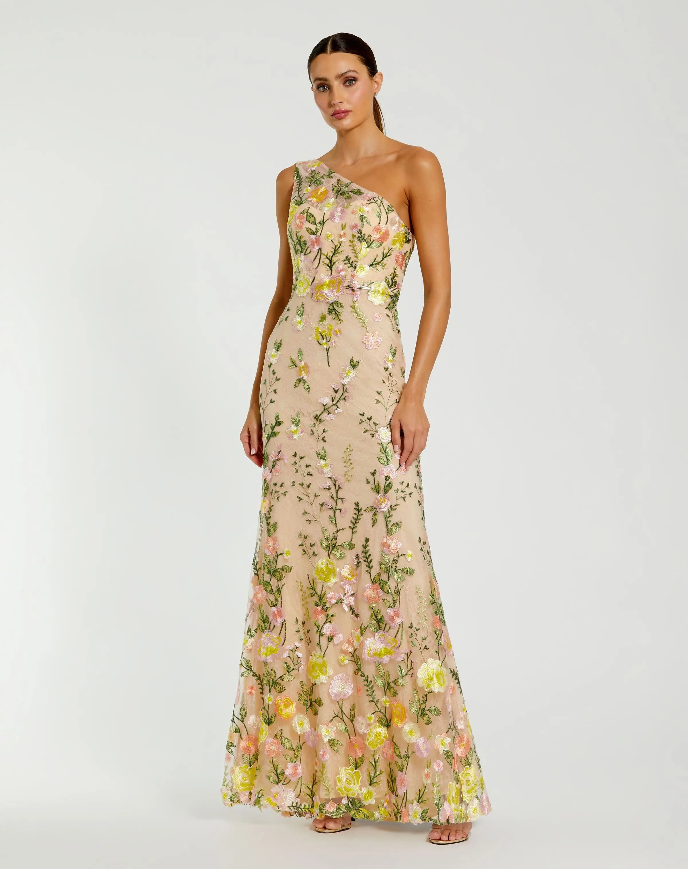 Beige One Shoulder Floral Embroidered Gown