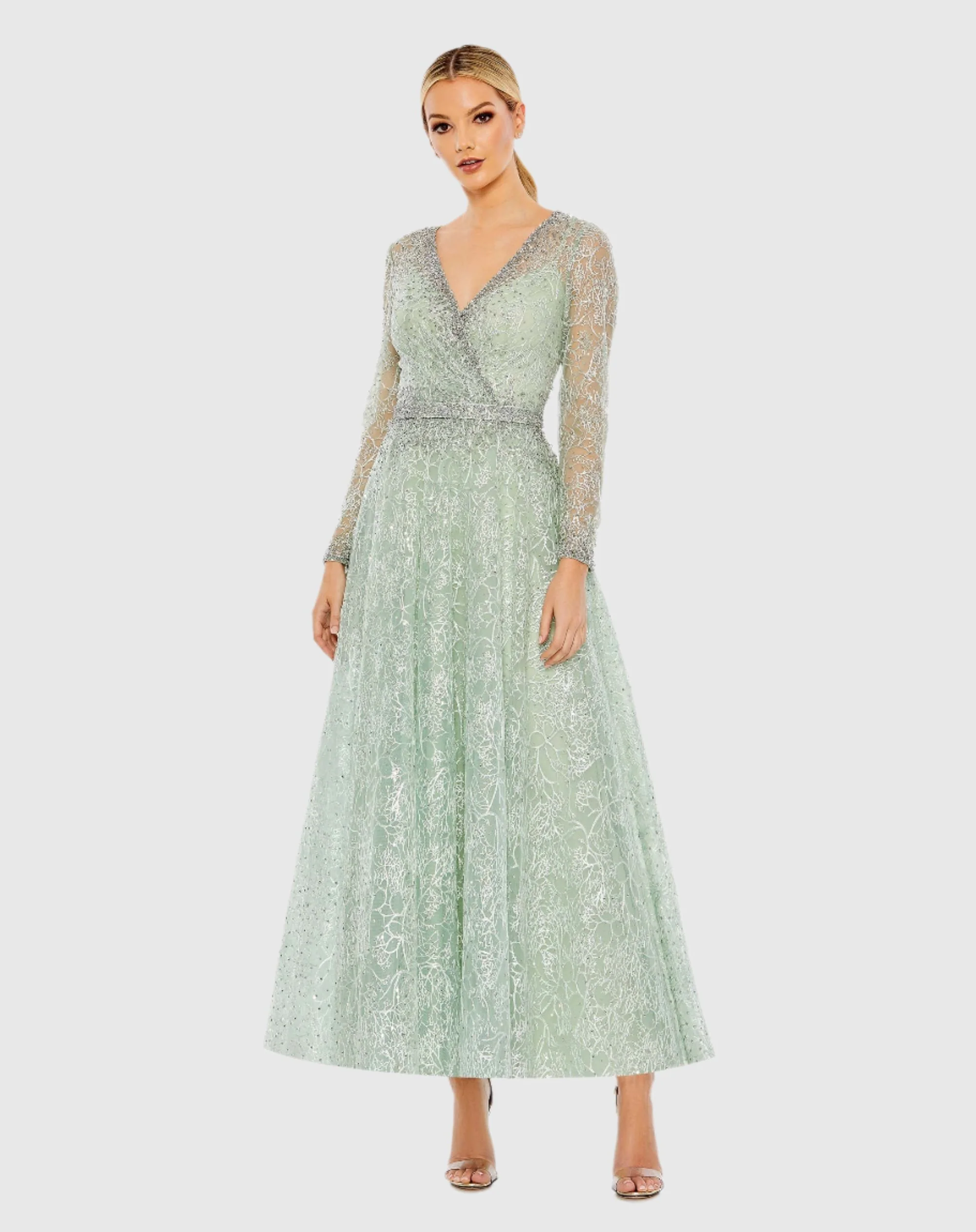 Green Embellished Wrap Over Long Sleeve Midi Dress