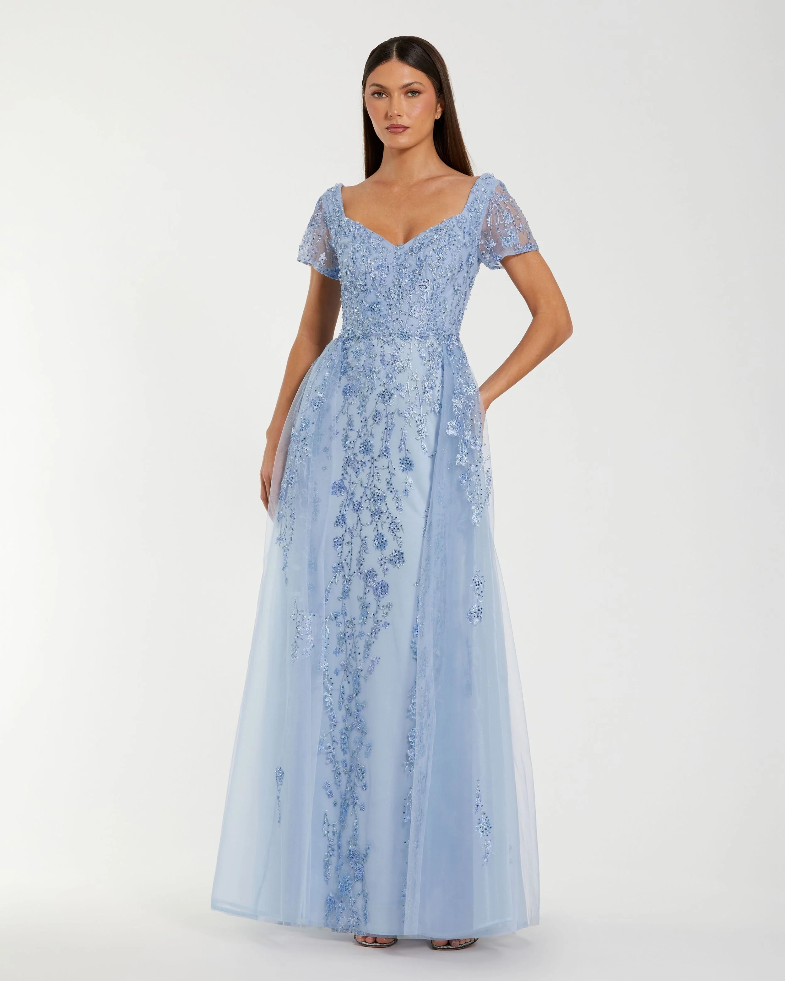 Blue Embroidered Beaded A-Line Gown with Overskirt