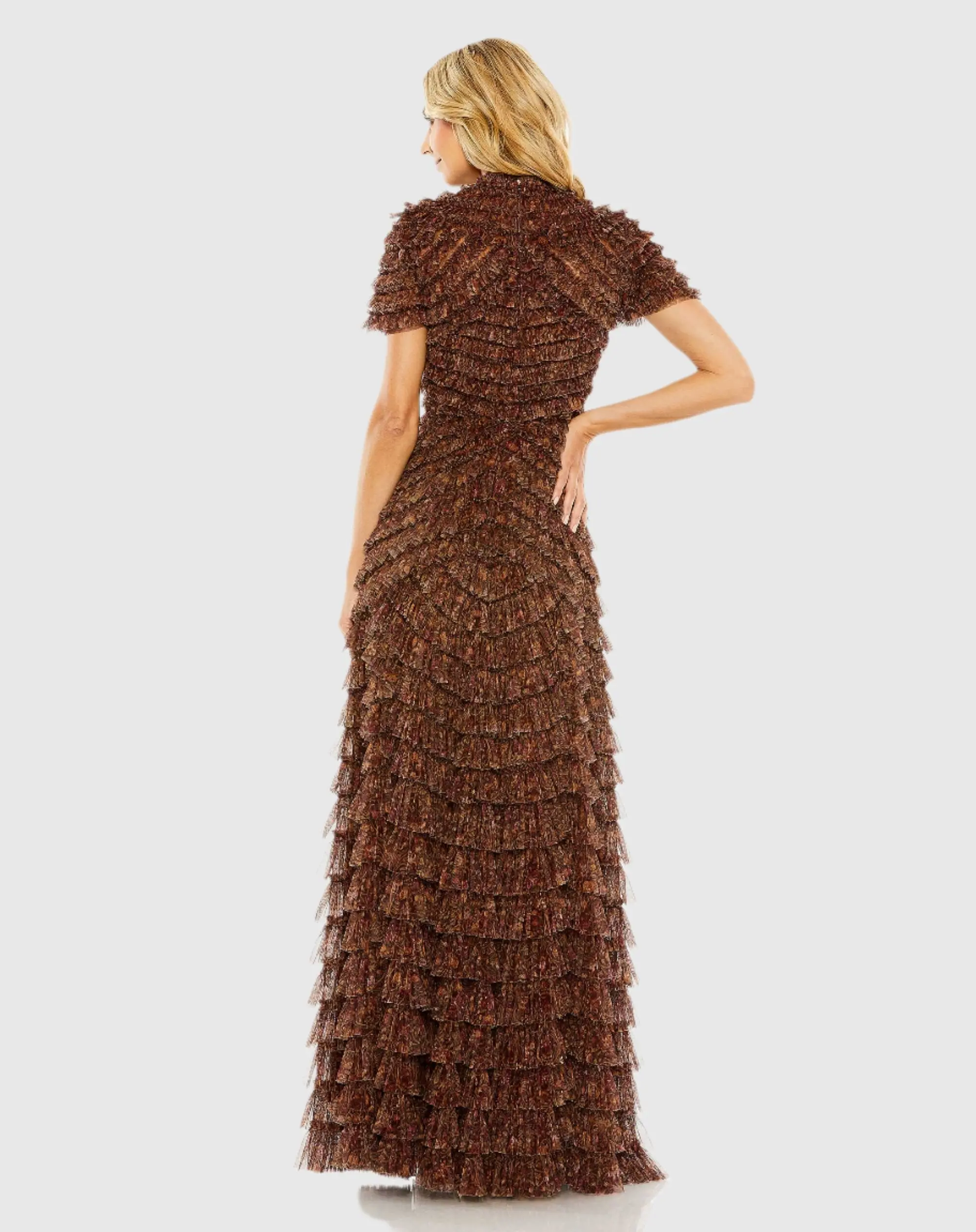 Brown Ruffle Tiered High Neck Gown