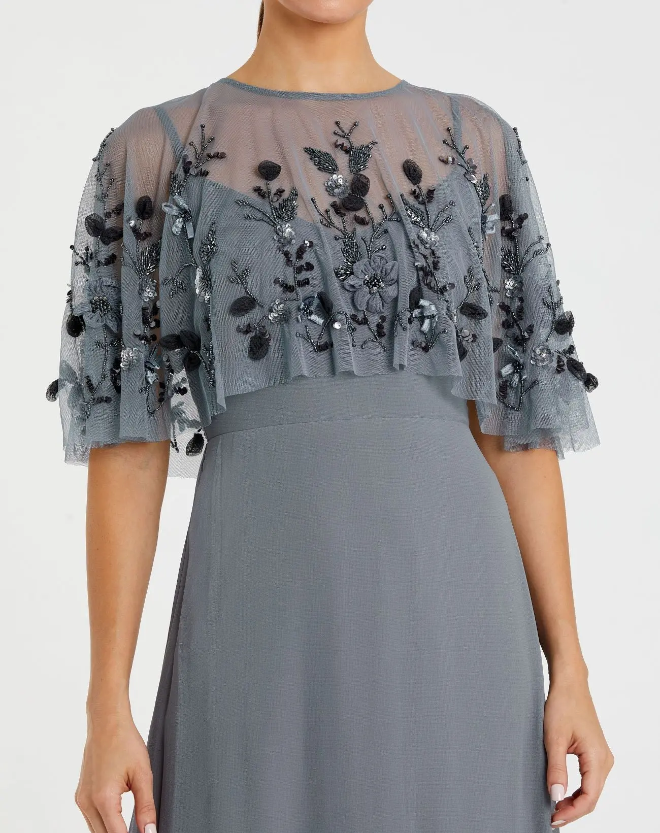 Gray Sleeveless Gown With Embellished Cape