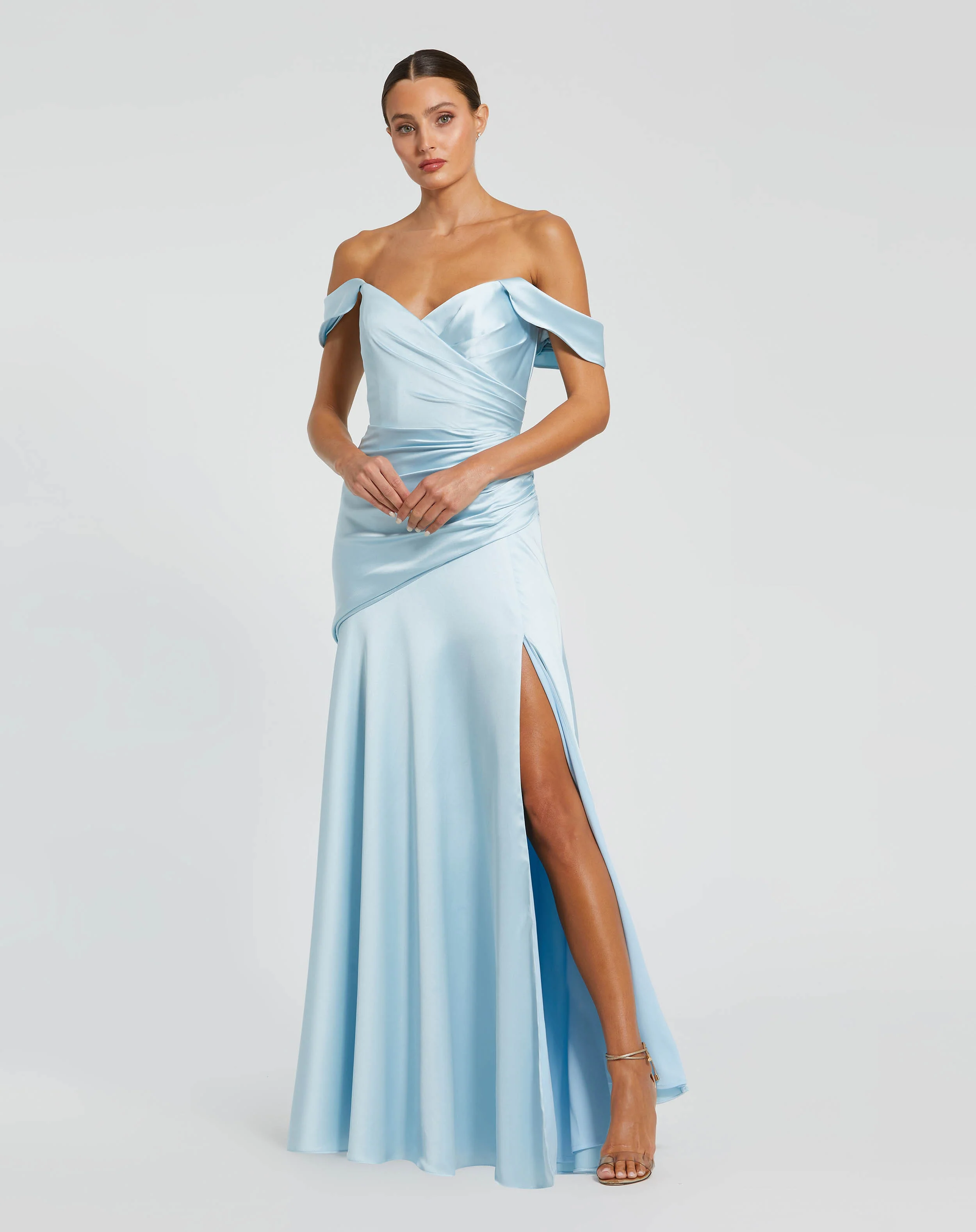 Blue Satin Off The Shoulder Crossover Gown