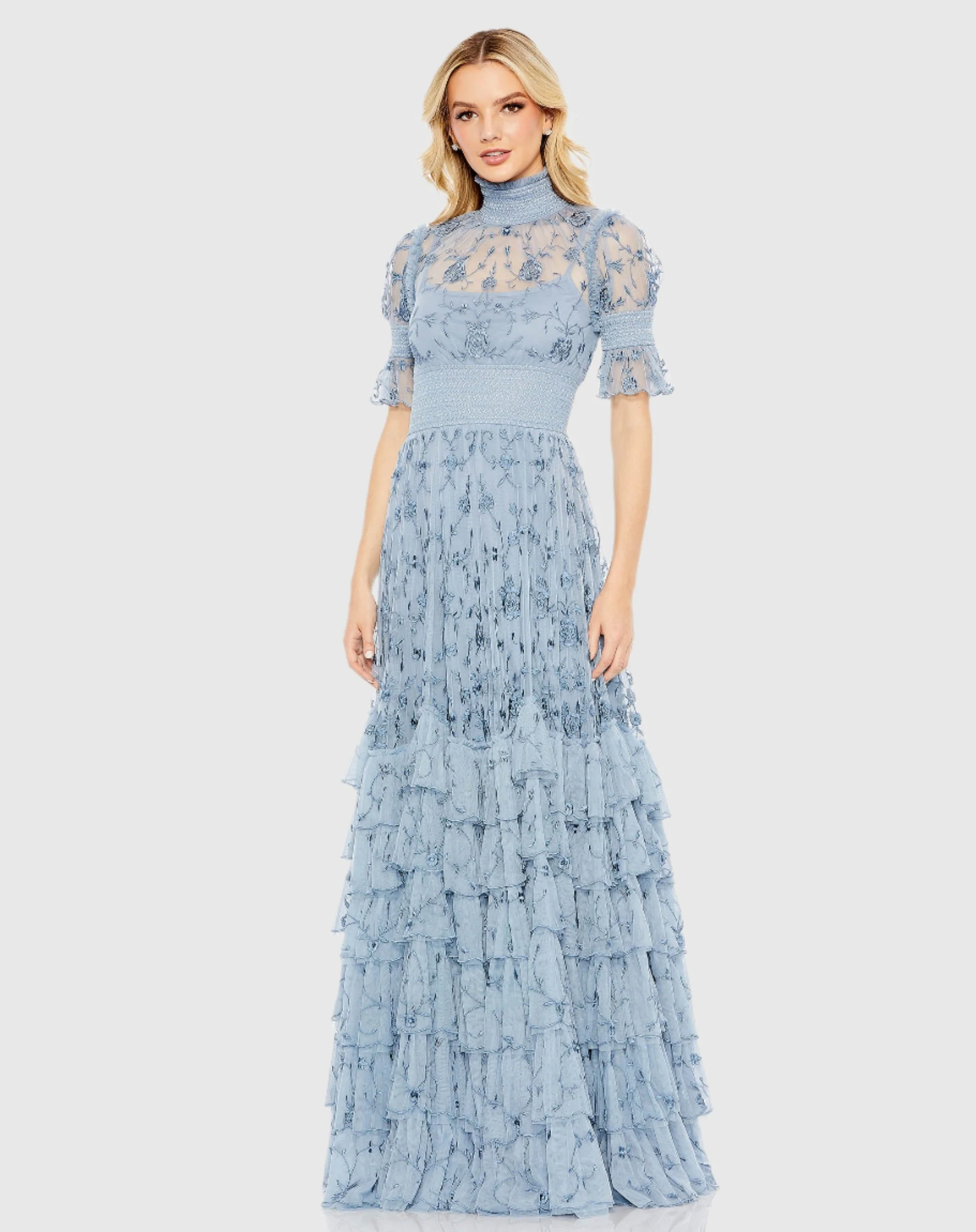 Blue Embroidered Floral Tiered Smock Neck Gown