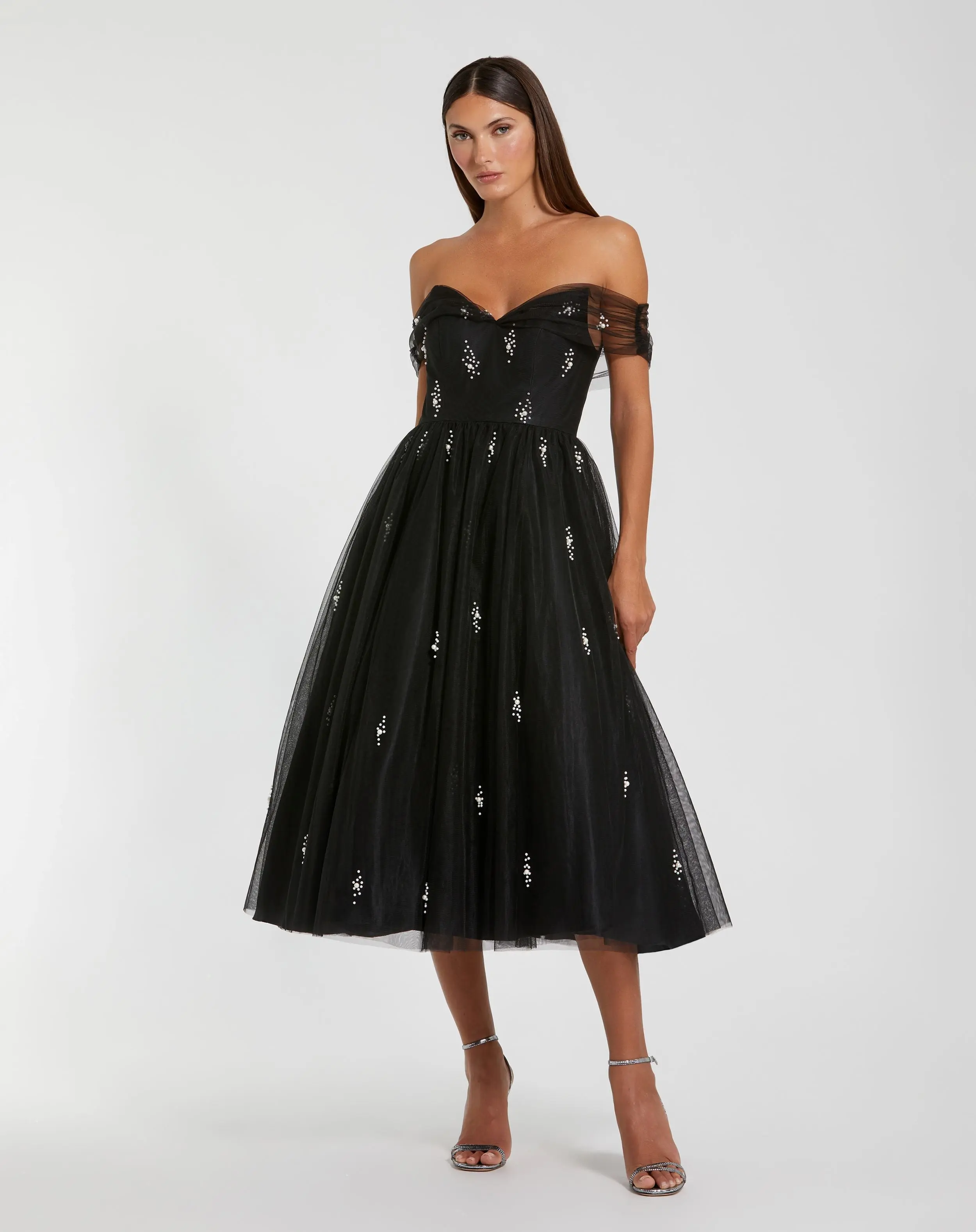 Black Off The Shoulder Embellished Tulle Cocktail Dress