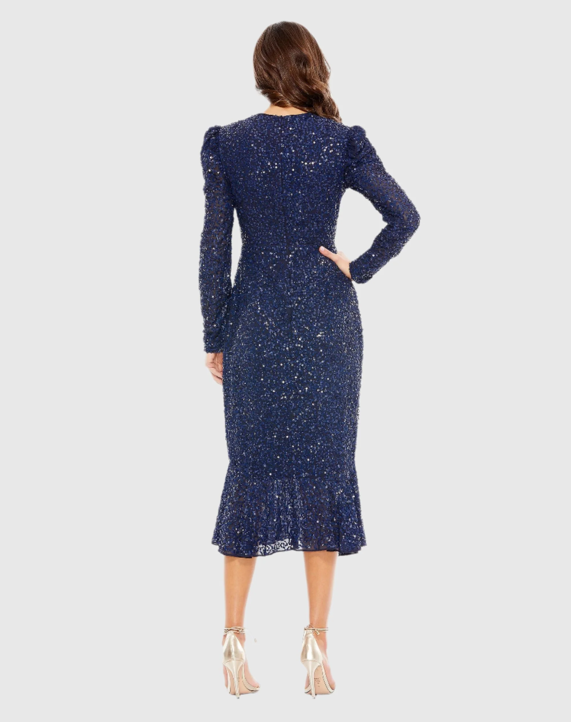 Blue Sequined Long Sleeve High Neck Trumpet Dress