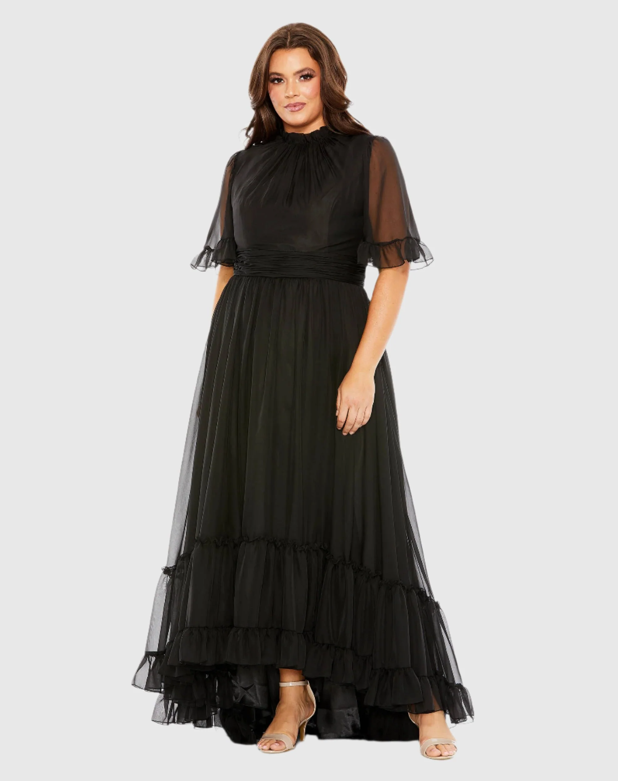 Black Ruffle Tiered High Low Flutter Sleeve Gown