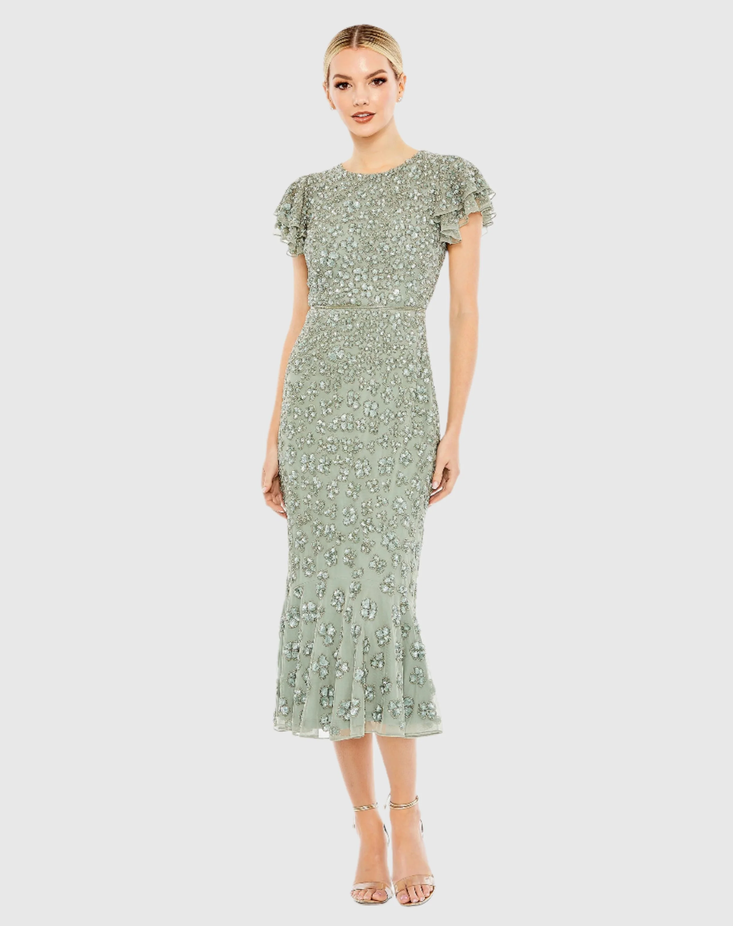 Green Hand Beaded Flounce Sleeve Midi Dress