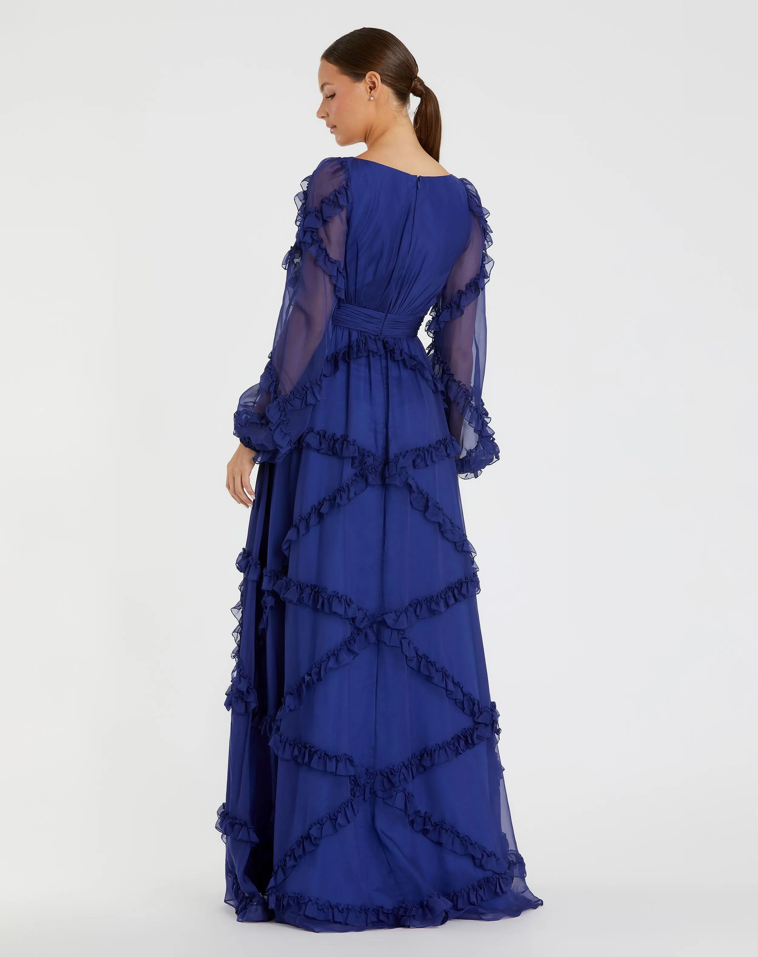 Blue Cascade Ruffle Puff Sleeve A Line Gown