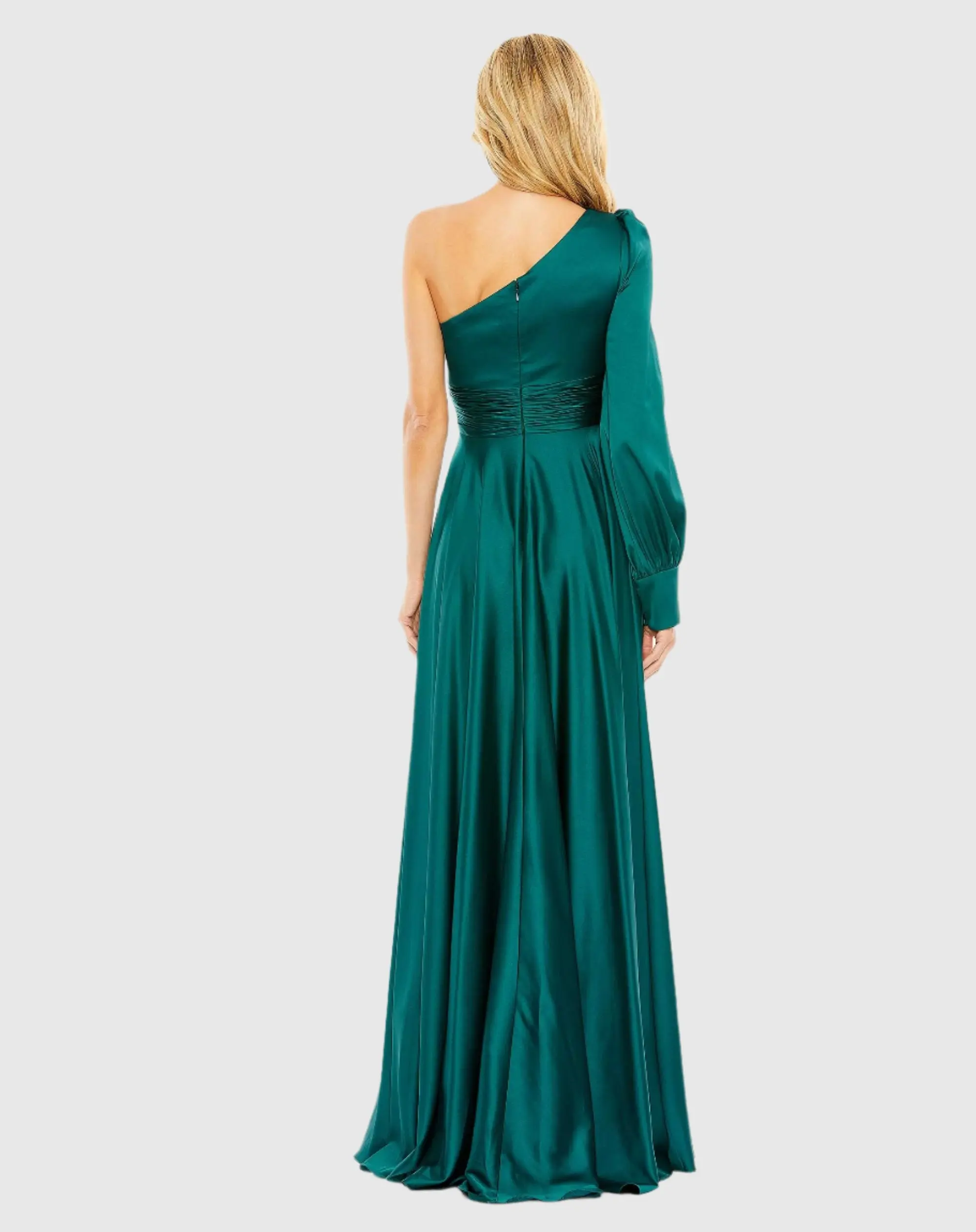Green One Shoulder Bishop Sleeve Flowy Gown